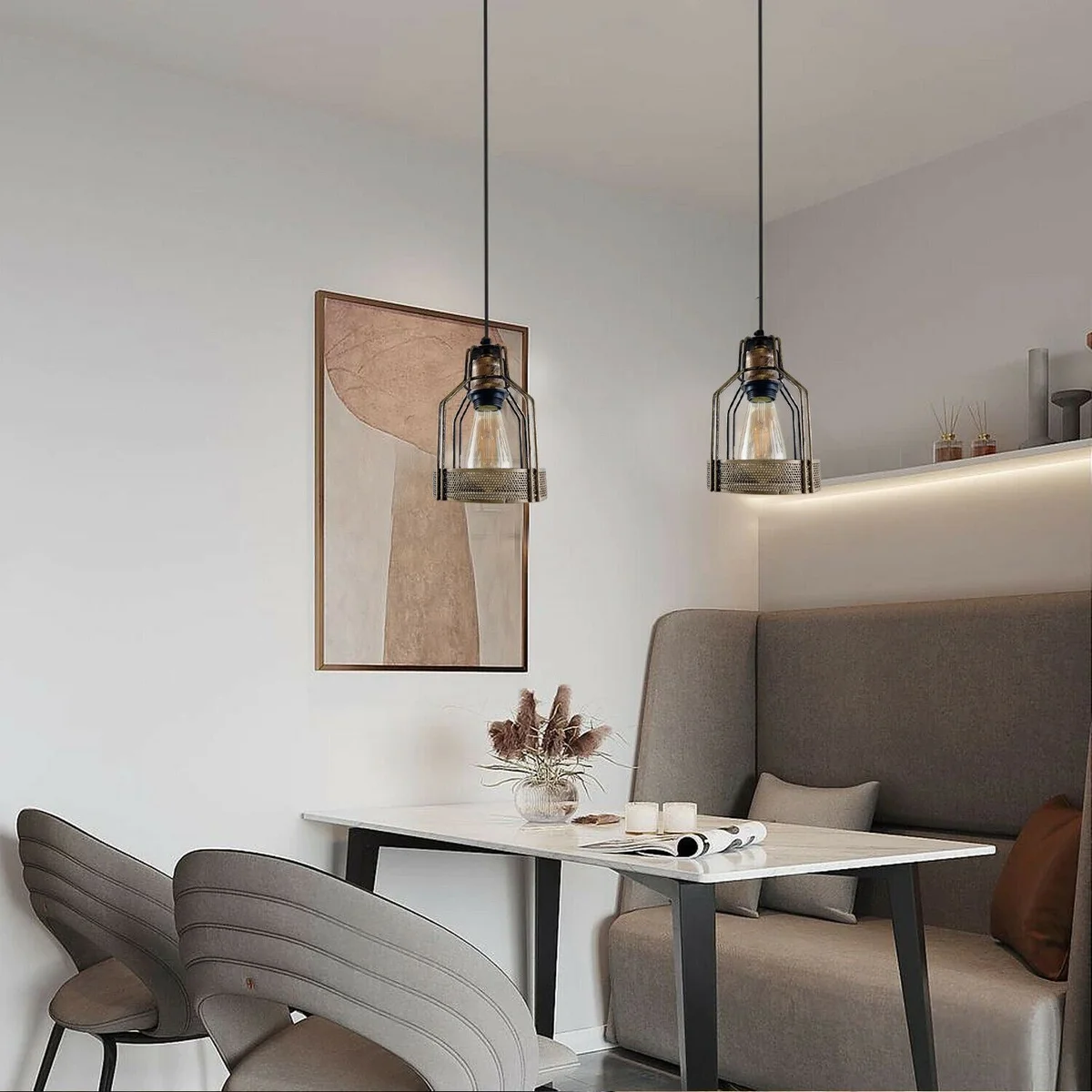 Brushed copper lamp hanging from ceiling, iron frame with copper shade, 60W E27 bulb holder, industrial style.