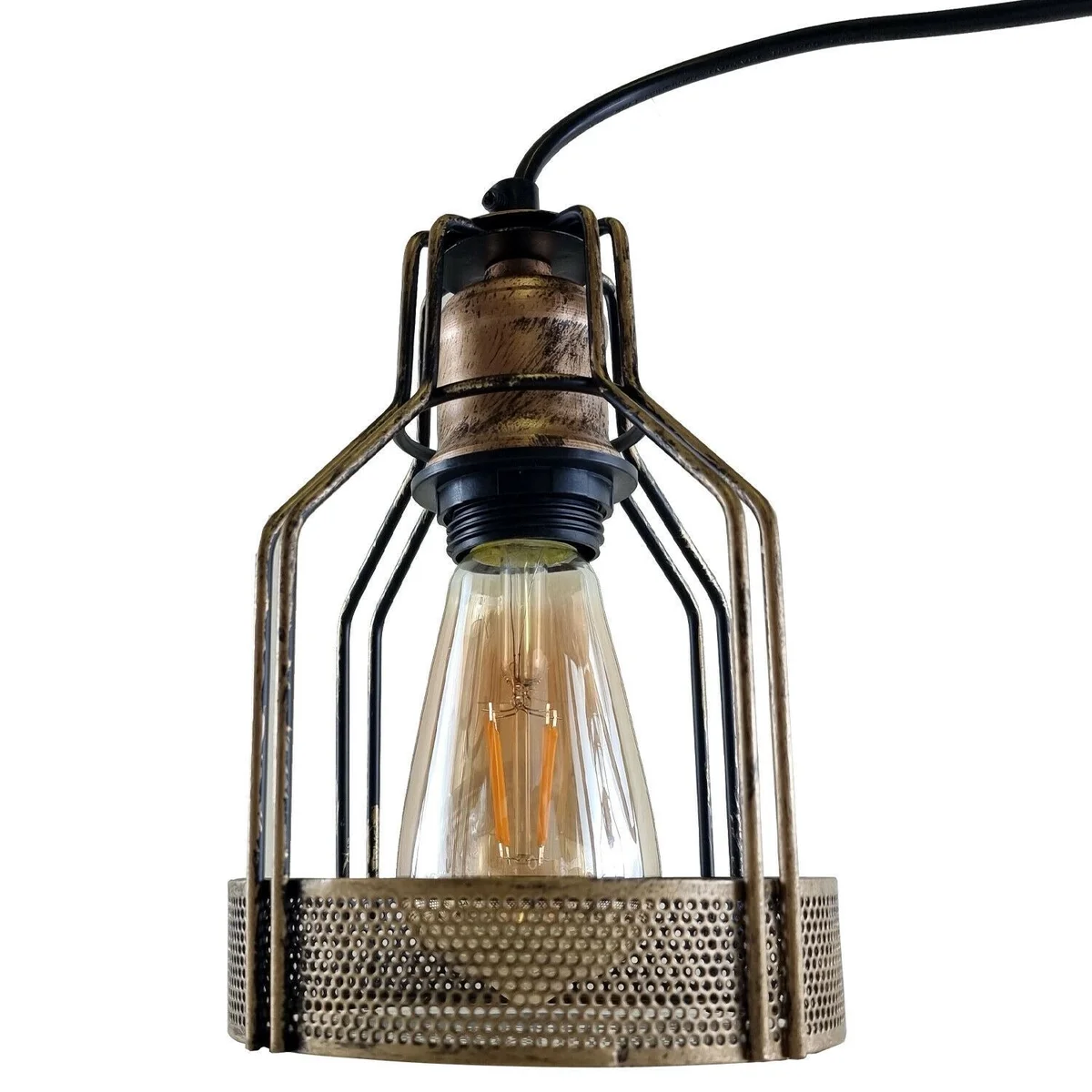 vintage pendant light with iron frame and satin nickel finish, hanging from a 10cm ceiling rose, 95cm cable, single E27 holder.