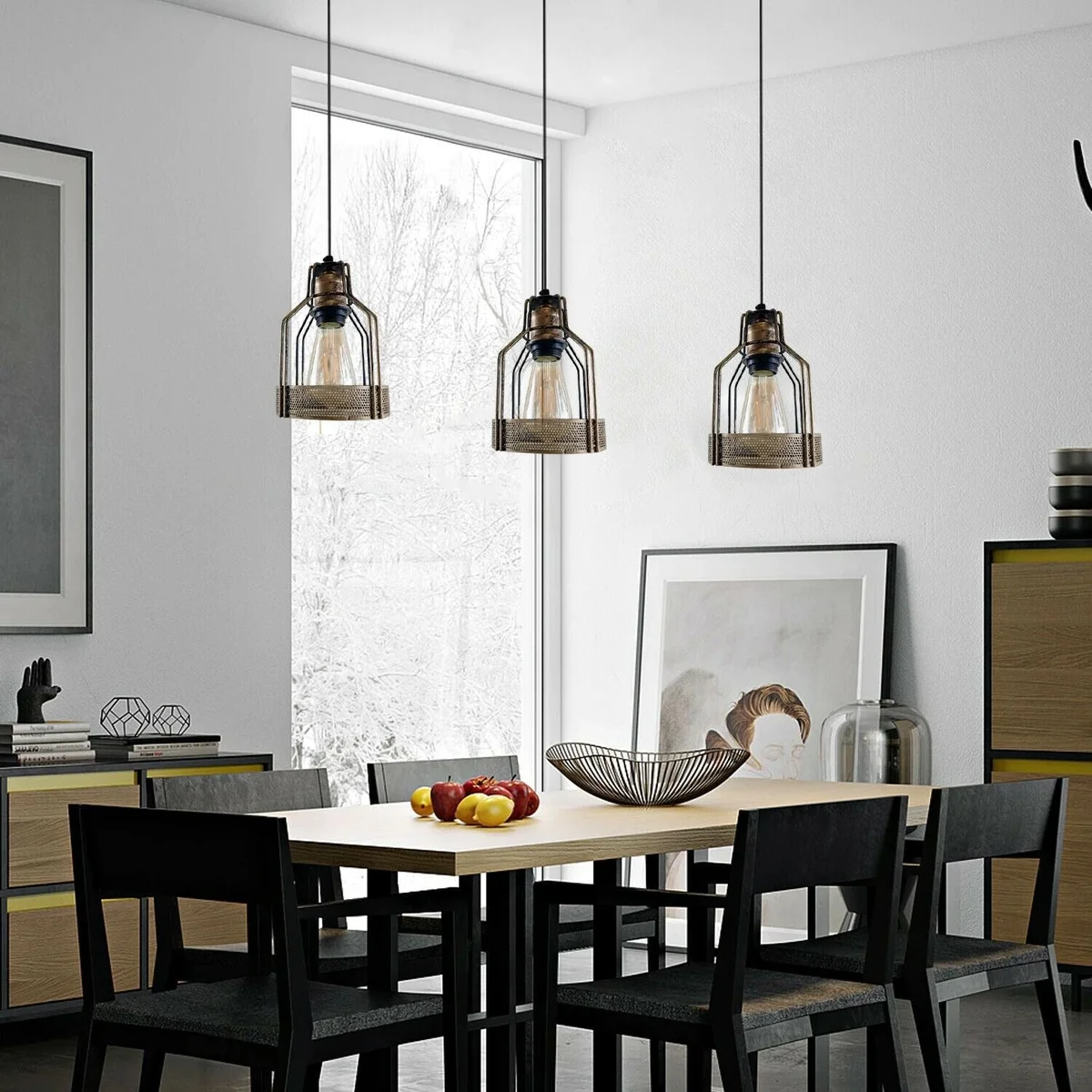 Vintage pendant light with bird‑cage style, satin nickel finish, 60W bulb holder, hanging from 10cm ceiling rose, 95cm cable