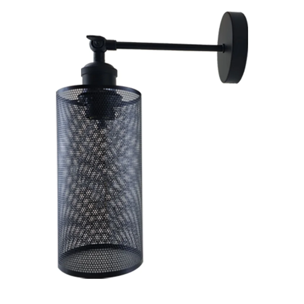 Modern industrial wall lamp in black metal with cylindrical shade, wall‑mounted, suitable for indoor use.