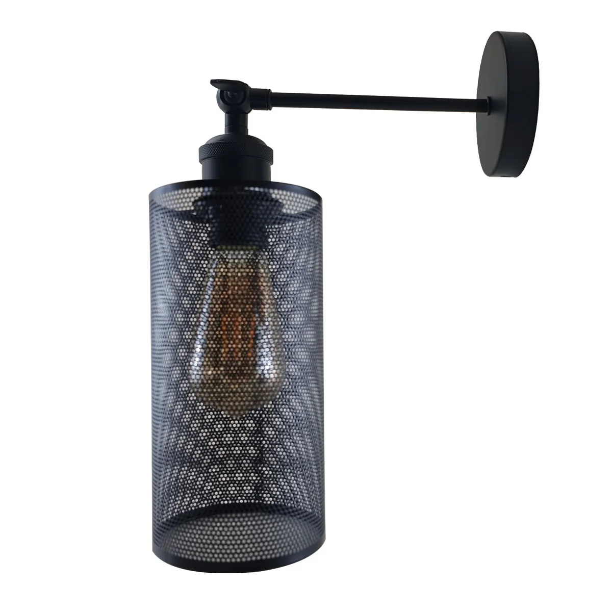 Modern industrial wall lamp with black metal cylindrical shade, draped over wall, suitable for indoor spaces.