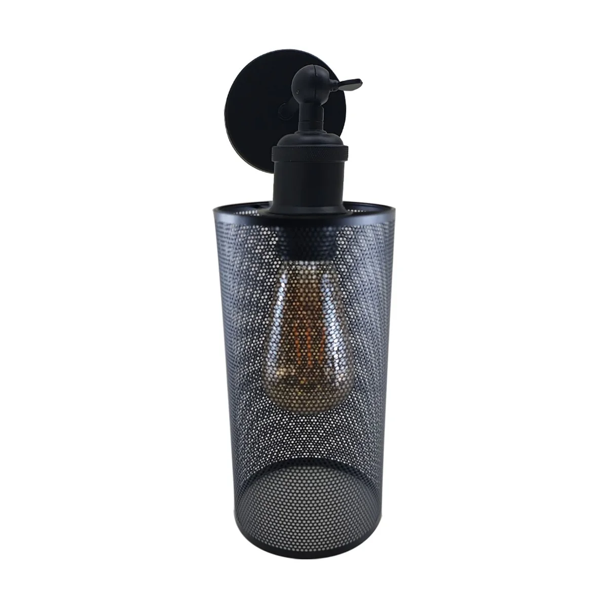 Modern industrial wall lamp with black metal drum shade, wall‑mounted, E27 compatible, indoor bright style.