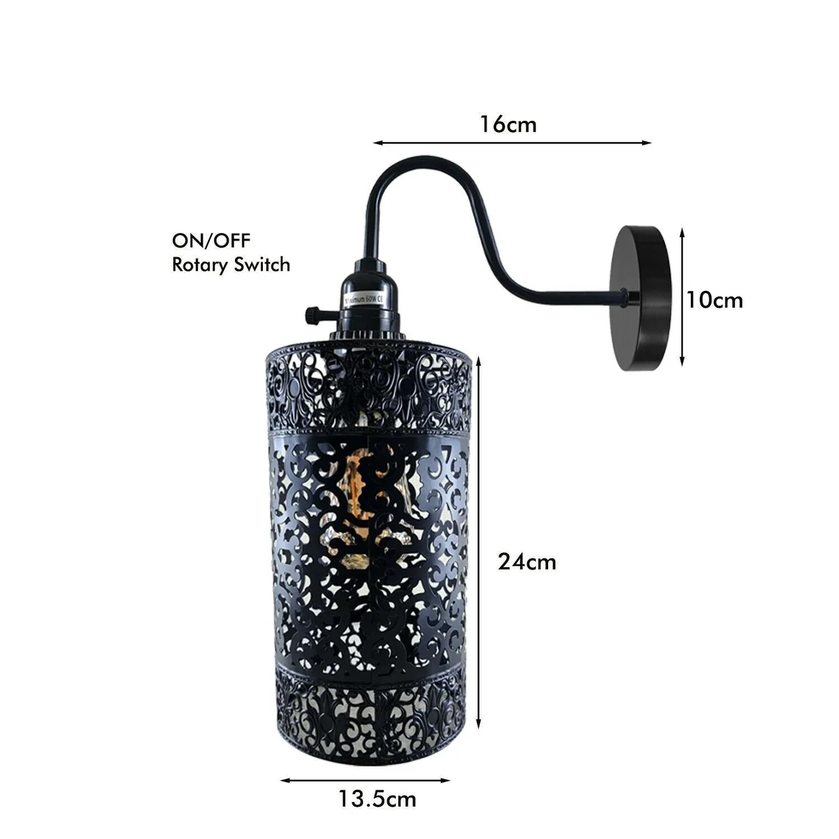 Black metal wall light with swan‑neck arm, cylindrical drum-shaped shade, mounted on wall
