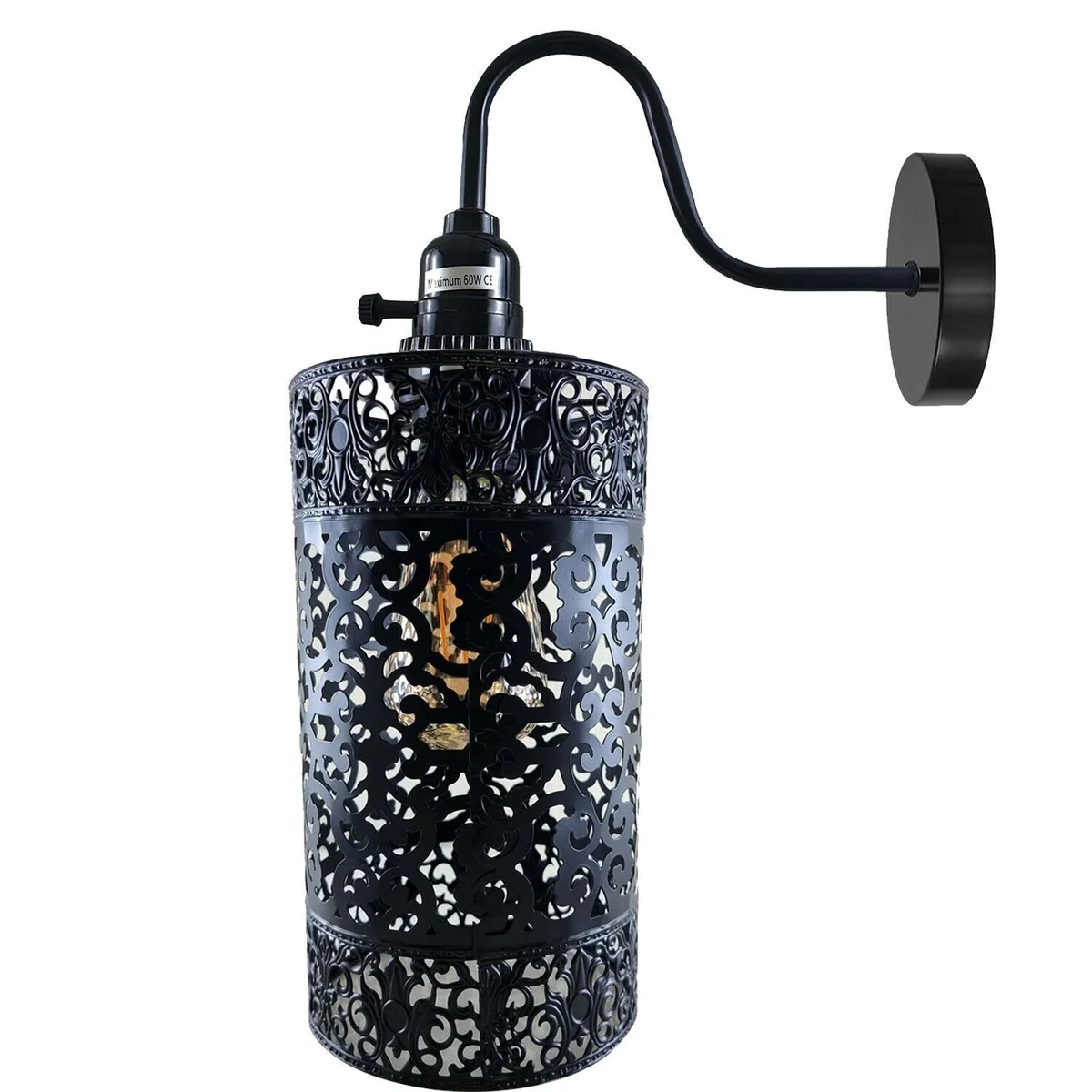 Black industrial wall lamp with adjustable swan neck arm, cylindrical shade, mounted on wall as a living room wall light.
