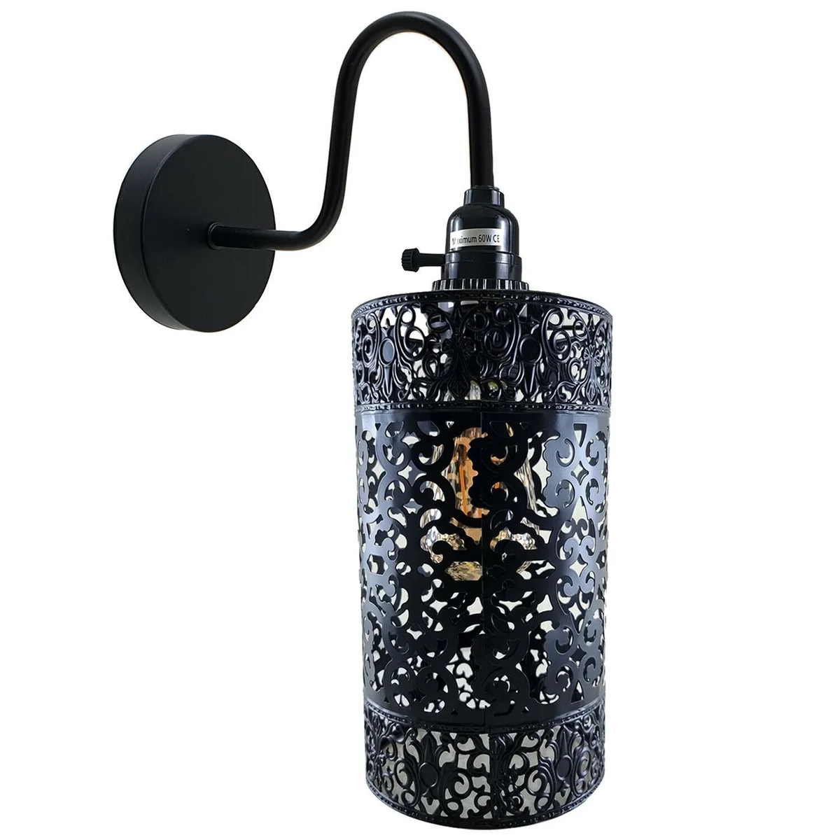 Black industrial wall light with cylindrical metal body and adjustable swan neck arm, wall‑mounted.