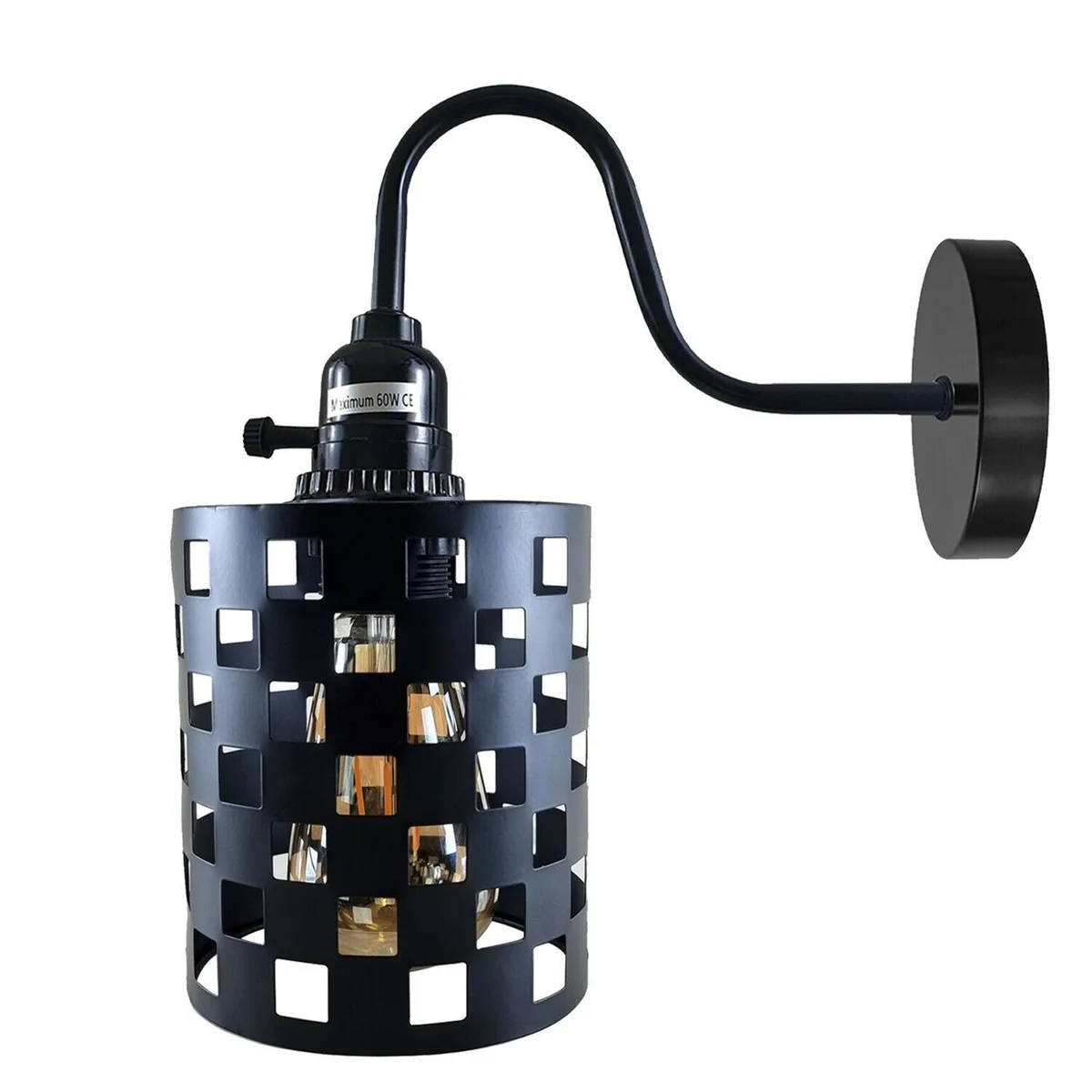 Black metal industrial wall light with adjustable swan‑neck arm and cylindrical shade, mounted on wall, modern vintage style