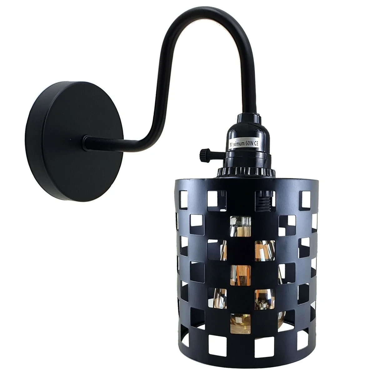 Black industrial wall light with adjustable swan neck arm, metal cylindrical design, wall-mounted, 10 cm rose.