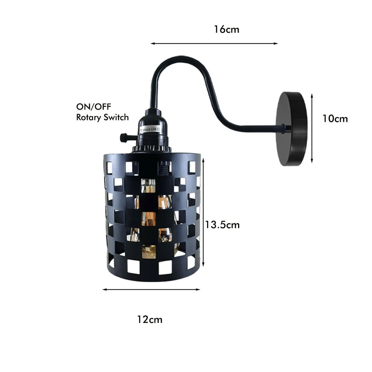 Black metal industrial wall light with adjustable swan‑neck arm, cylindrical design and ceiling rose.