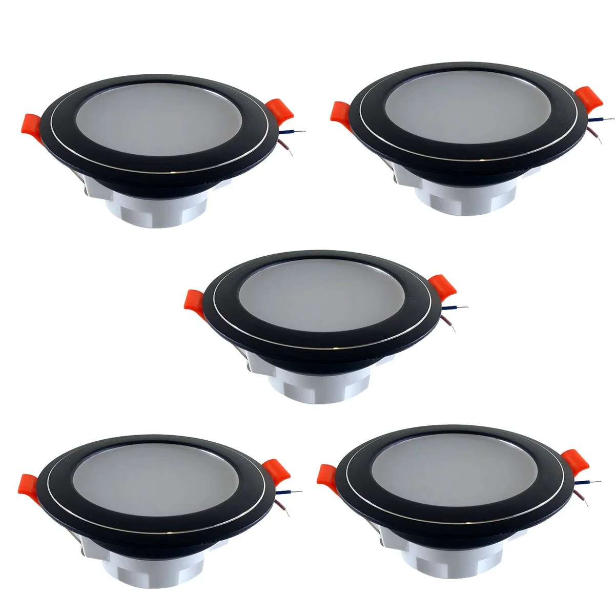 Recessed downlight indoor LED panel installed in a ceiling, round, 5W cool white, visible metal frame, small light fixture.