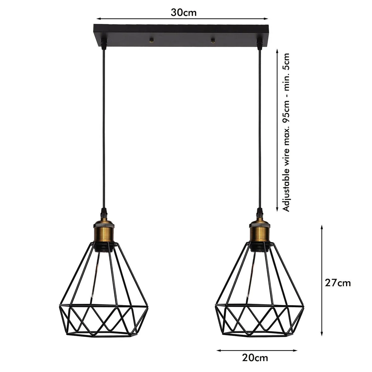 Two‑light black metal pendant with wire cage, 95cm PVC cable and rectangular base, ready for E27 bulbs.