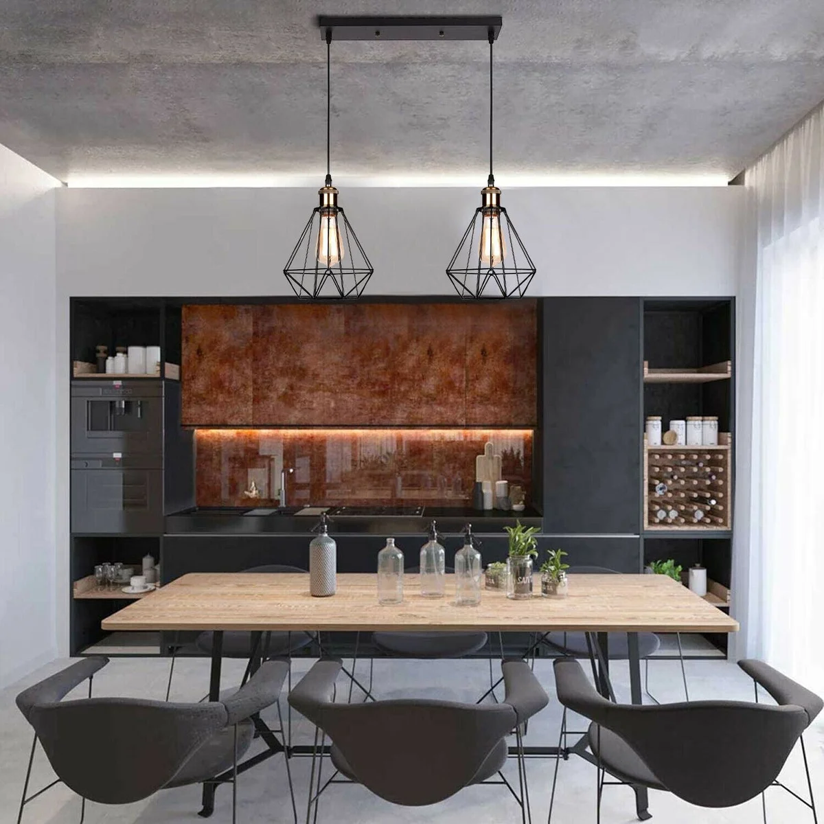 E27 pendant lamp with black metal cage, two bulb holders, 95 cm PVC cable, 30 cm wide ceiling plate.