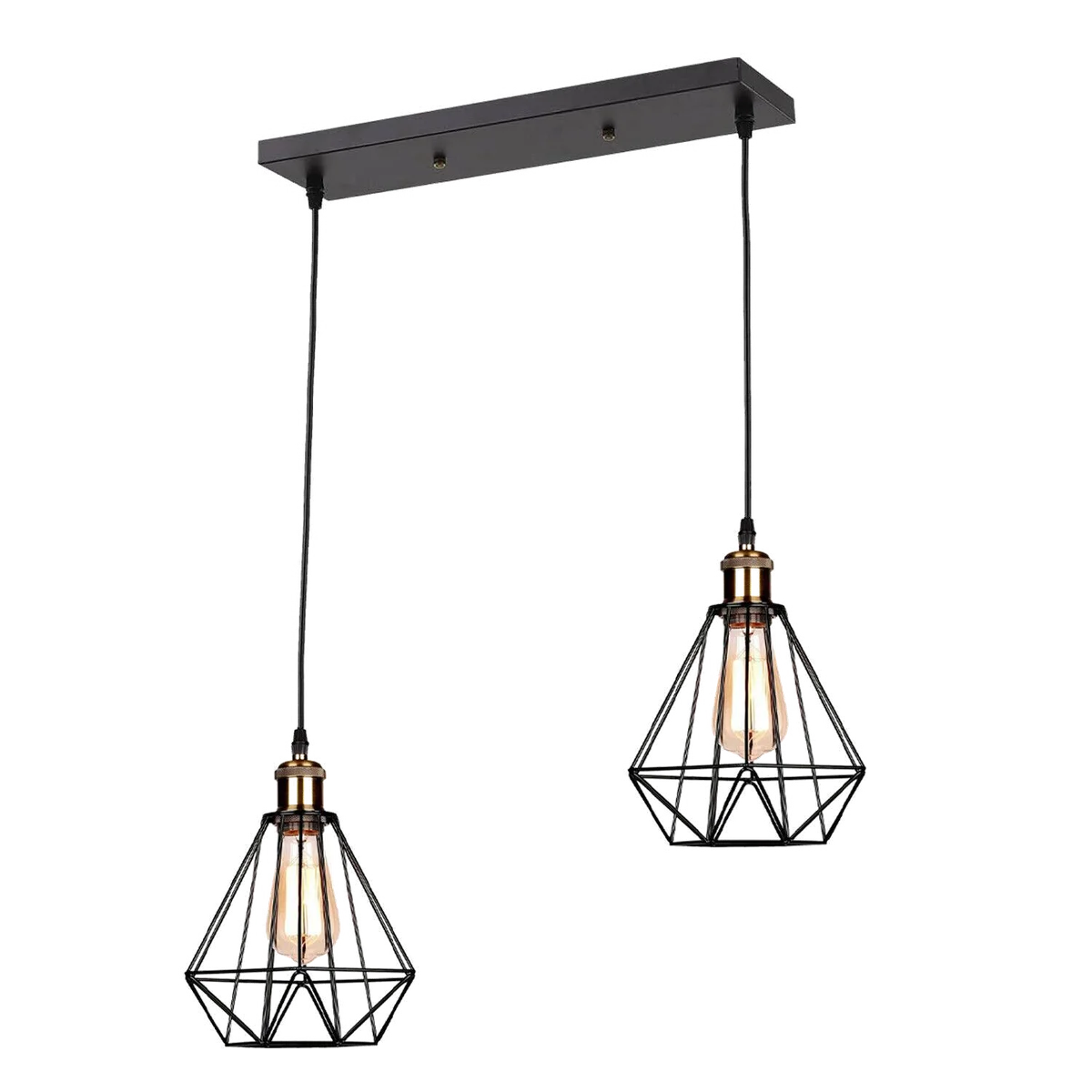 Wire cage ceiling light: black metal cage with two lamp holders, 95cm PVC cable, rectangular base 30cmx2.5cm, 2 light shades