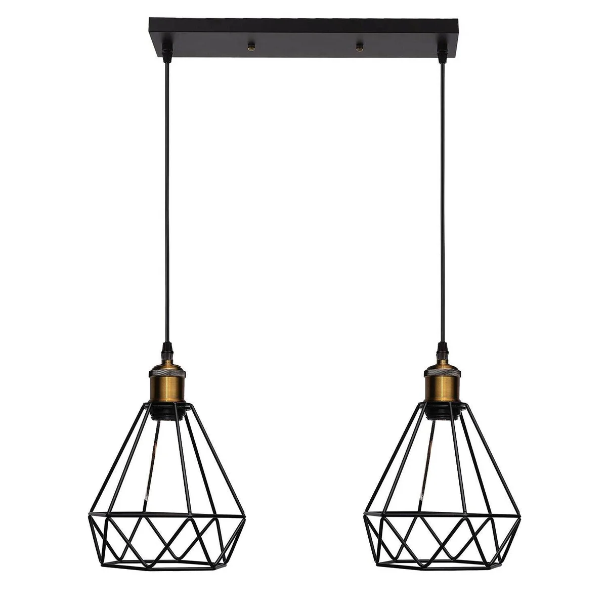 Industrial black metal wire cage indoor pendant lighting with two E27 holders, 95cm cable, rectangular base, stylish decorative fixture.