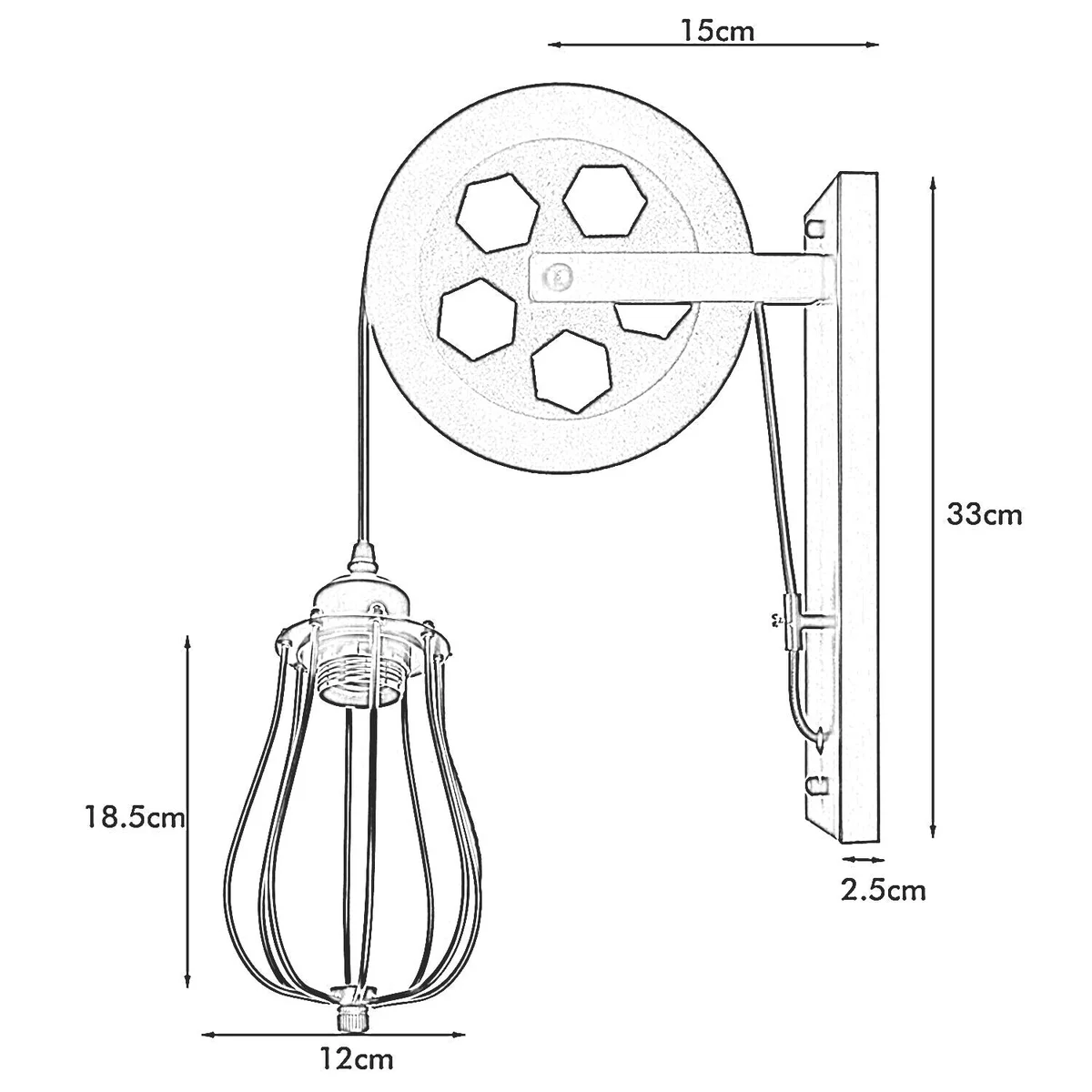 Retro pulley wall light on wall, black metal shade with decorative pulley wheel, adjustable hanging cable.