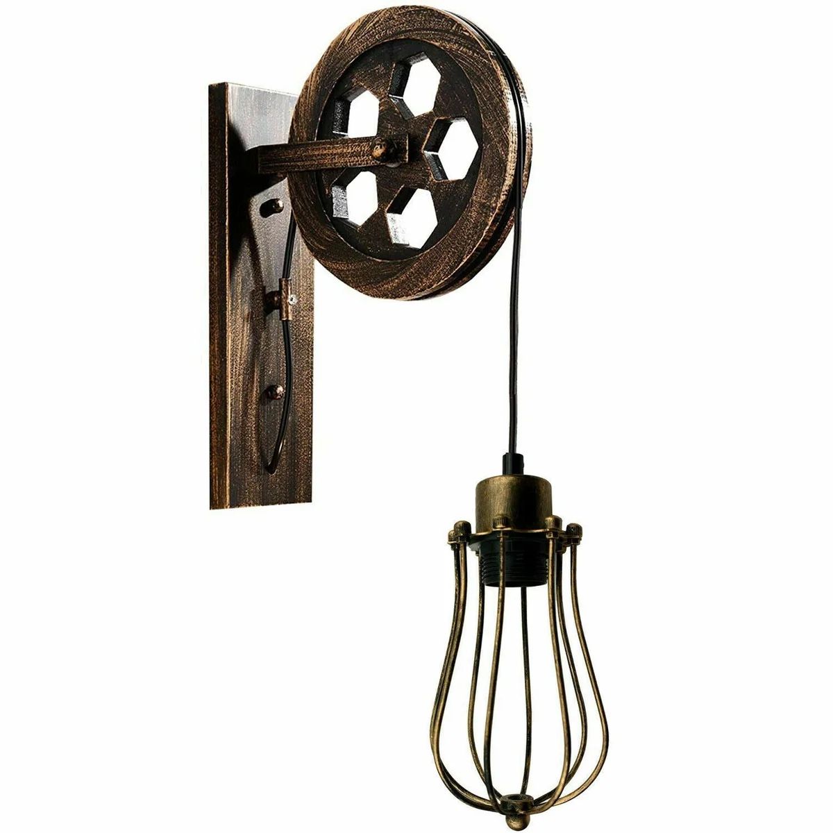 Retro industrial E27 wall light with a pulley wheel cage, metal shade, wooden base and adjustable hanging cable.