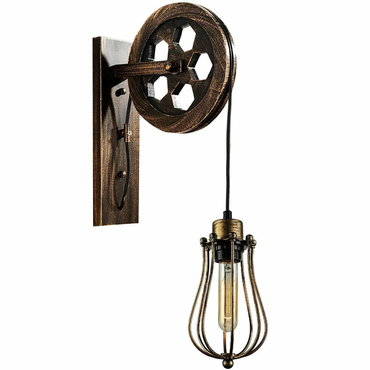 Retro industrial loft style wall lamp with pulley wheel, metal balloon shade and iron‑wood cage mounted on wall