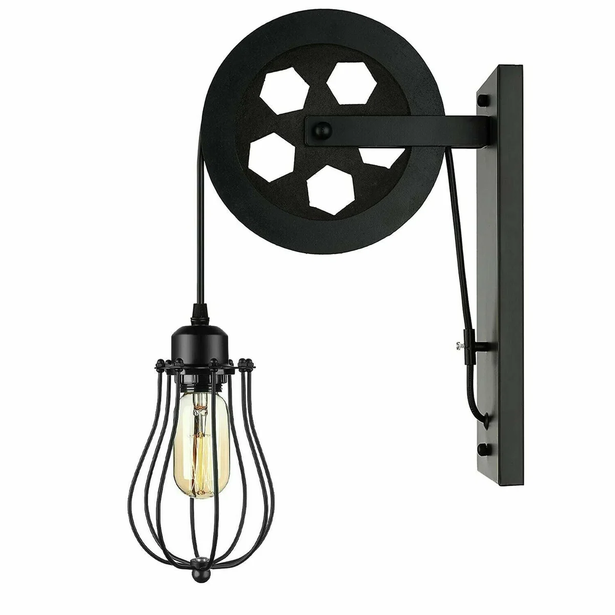 Industrial wall lamp featuring a decorative pulley wheel and black metal cage shade, mounted on a wall.