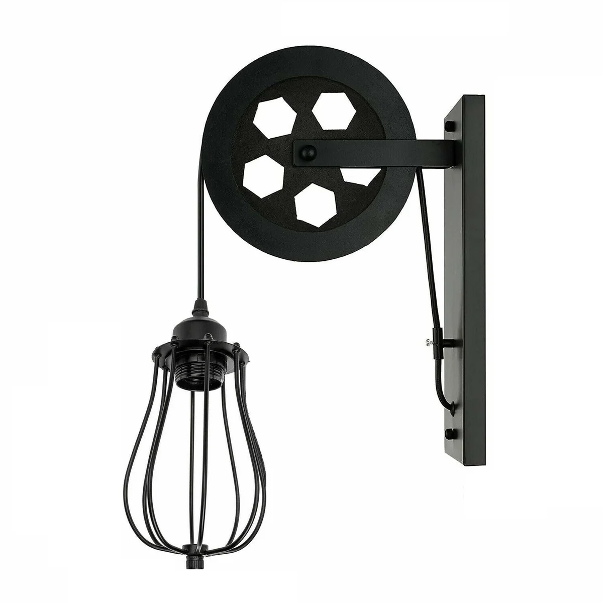 Black industrial wall lamp with decorative pulley wheel and iron and wood cage shade.