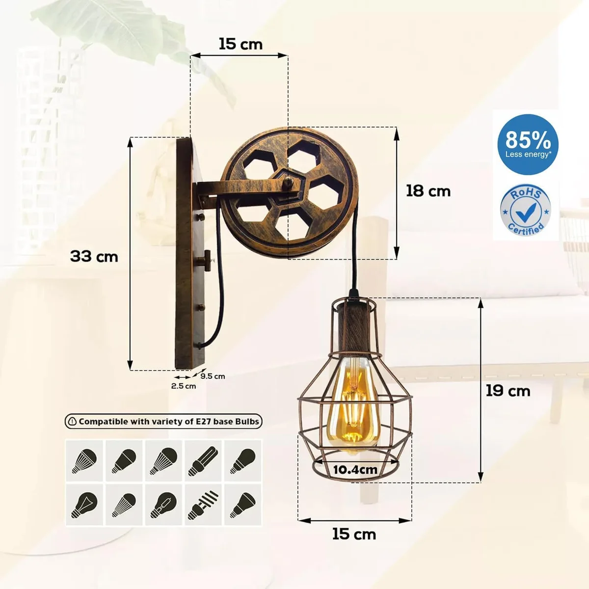 Industrial wall lamp with metal cage shade and decorative pulley wheel, hanging from wall by cable.