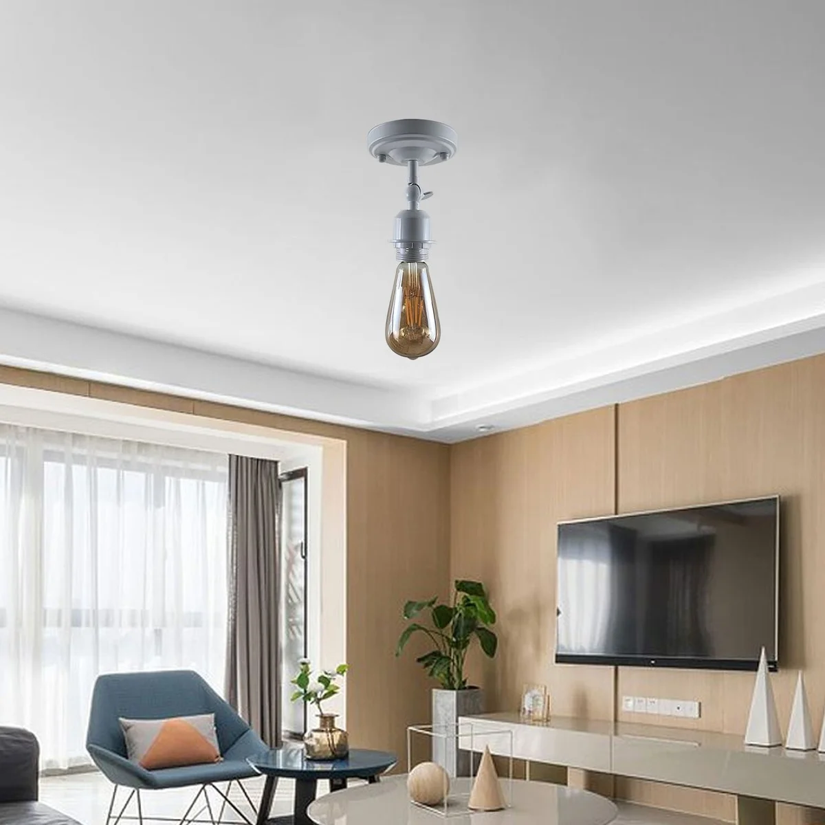 White metal E27 ceiling light with a narrow square lap plate, 10.8 cm wide, featuring a single light holder.