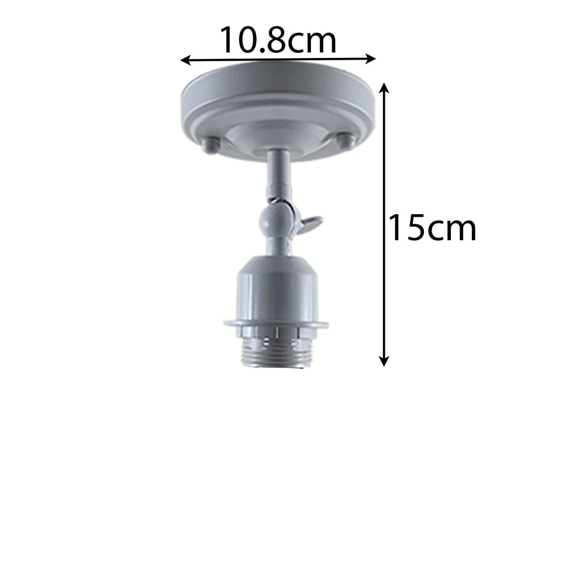 White metal ceiling lamp base with E27 socket sits on a 10.8cm x 4cm plate.