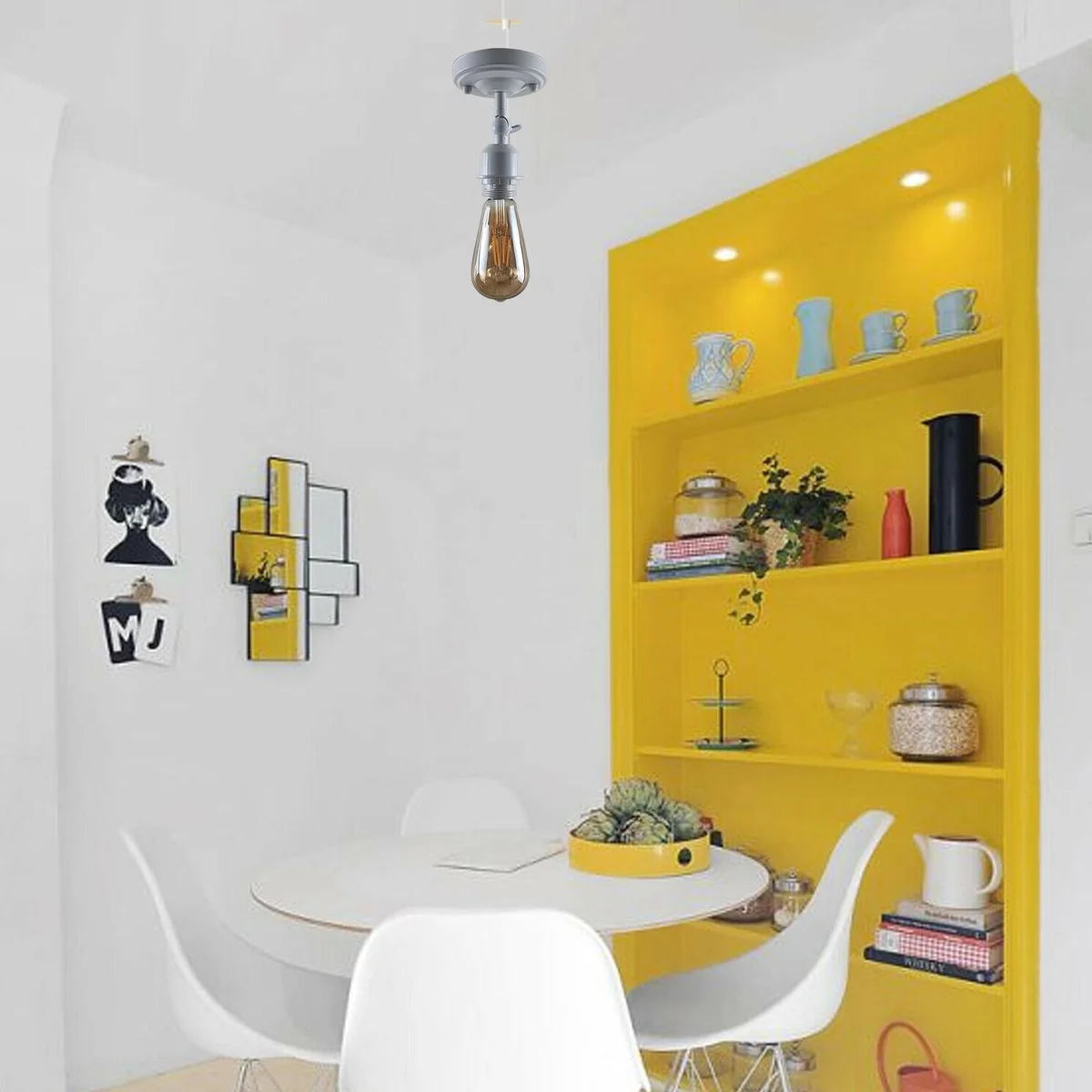 Modern ceiling lighting: white metal base, 10.8cm by 4cm, E27 lamp holder with empty bulb socket.