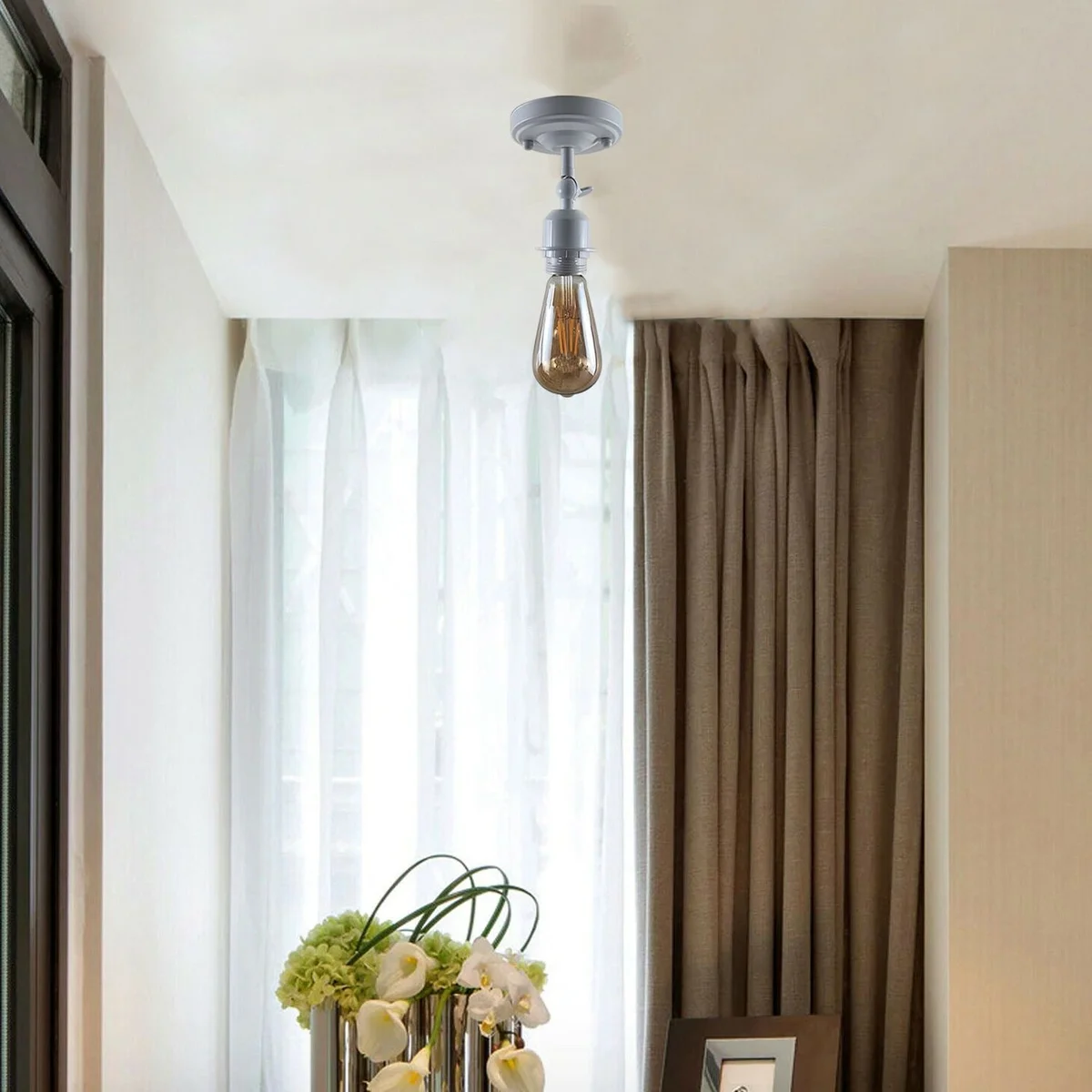 White metal E27 ceiling light base with 10.8cm x 4cm plate, no bulb, single assembly box.