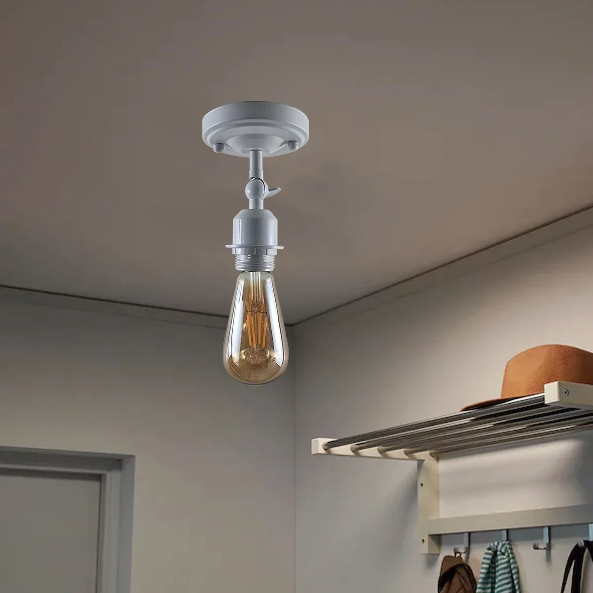 White metal E27 ceiling light base with small 108mm x 40mm plate, single light holder, no bulb included.