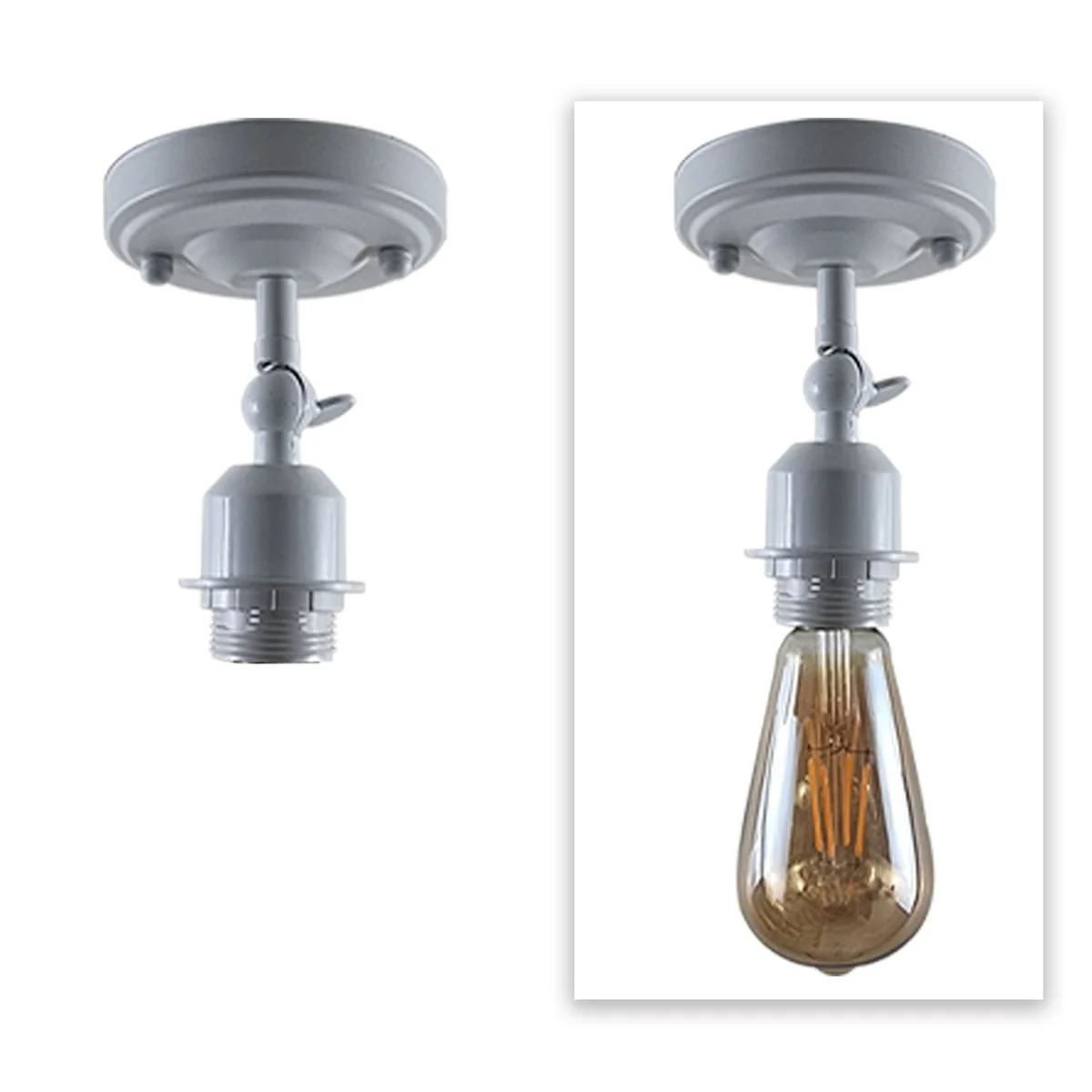 White metal E27 ceiling light base, 108mm × 40mm, with round socket and assembly parts.