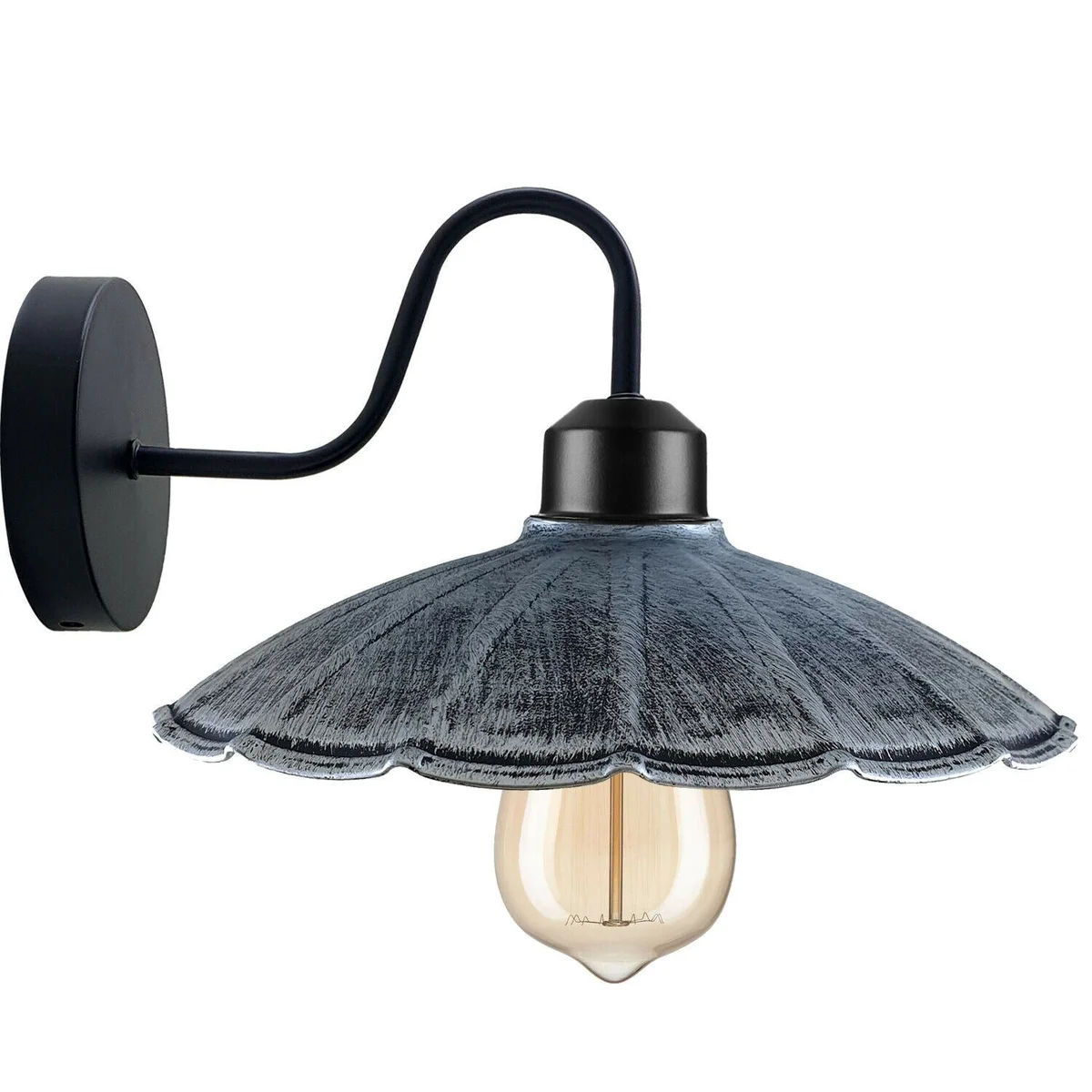 Rustic wall light with a black metal umbrella shade, metal bracket, brushed copper finish.
