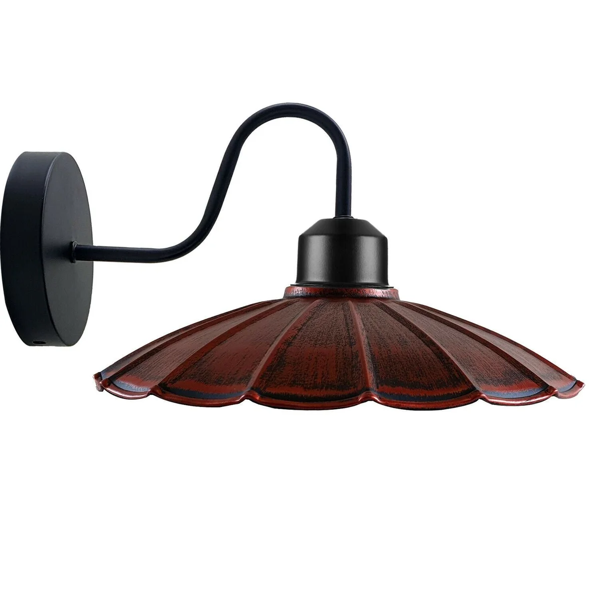Black metal umbrella shade lamp with arm holder, matte finish, displayed on a neutral wall.