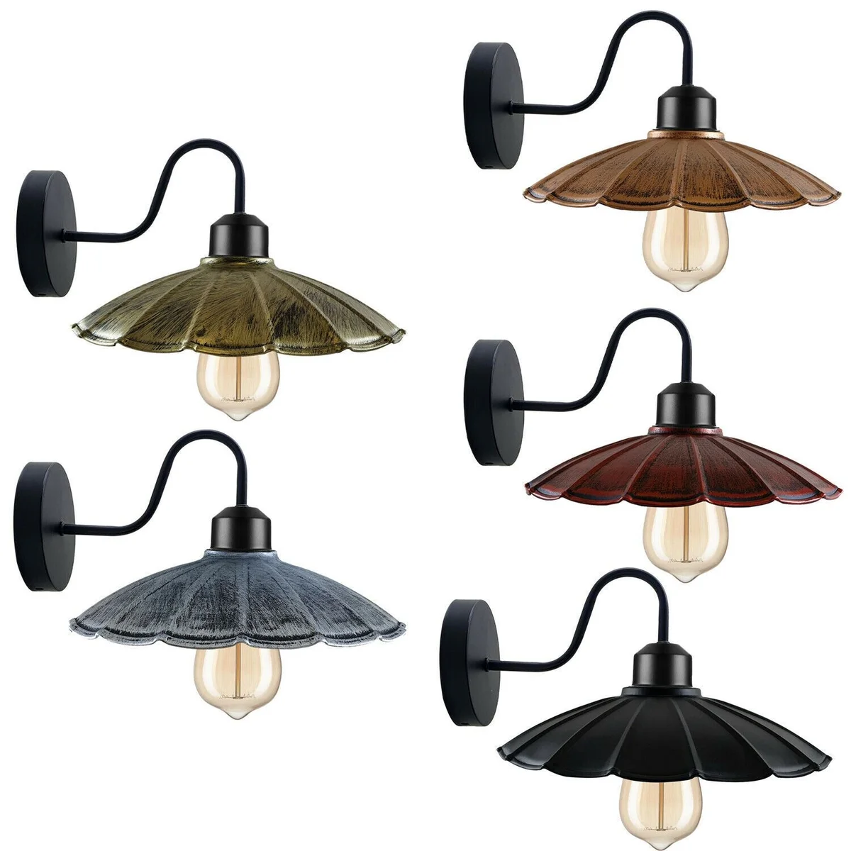 Black metal vintage wall sconce with umbrella shade, 22 cm diameter, brushed finishes, subtle rustic charm