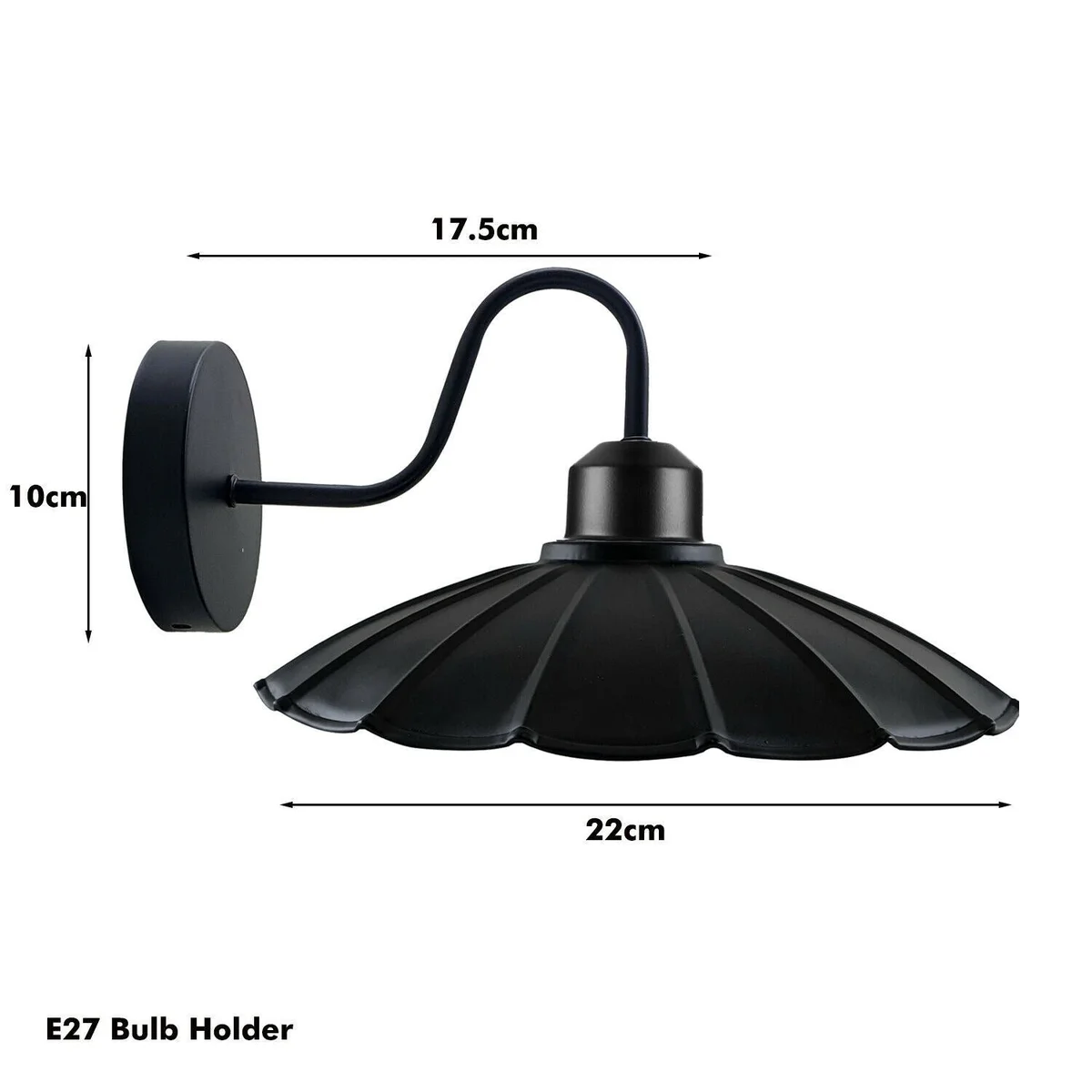 Rustic wall light with 22 cm black metal umbrella shade, mounted on wall, lamp holder arm and ceiling rose visible.