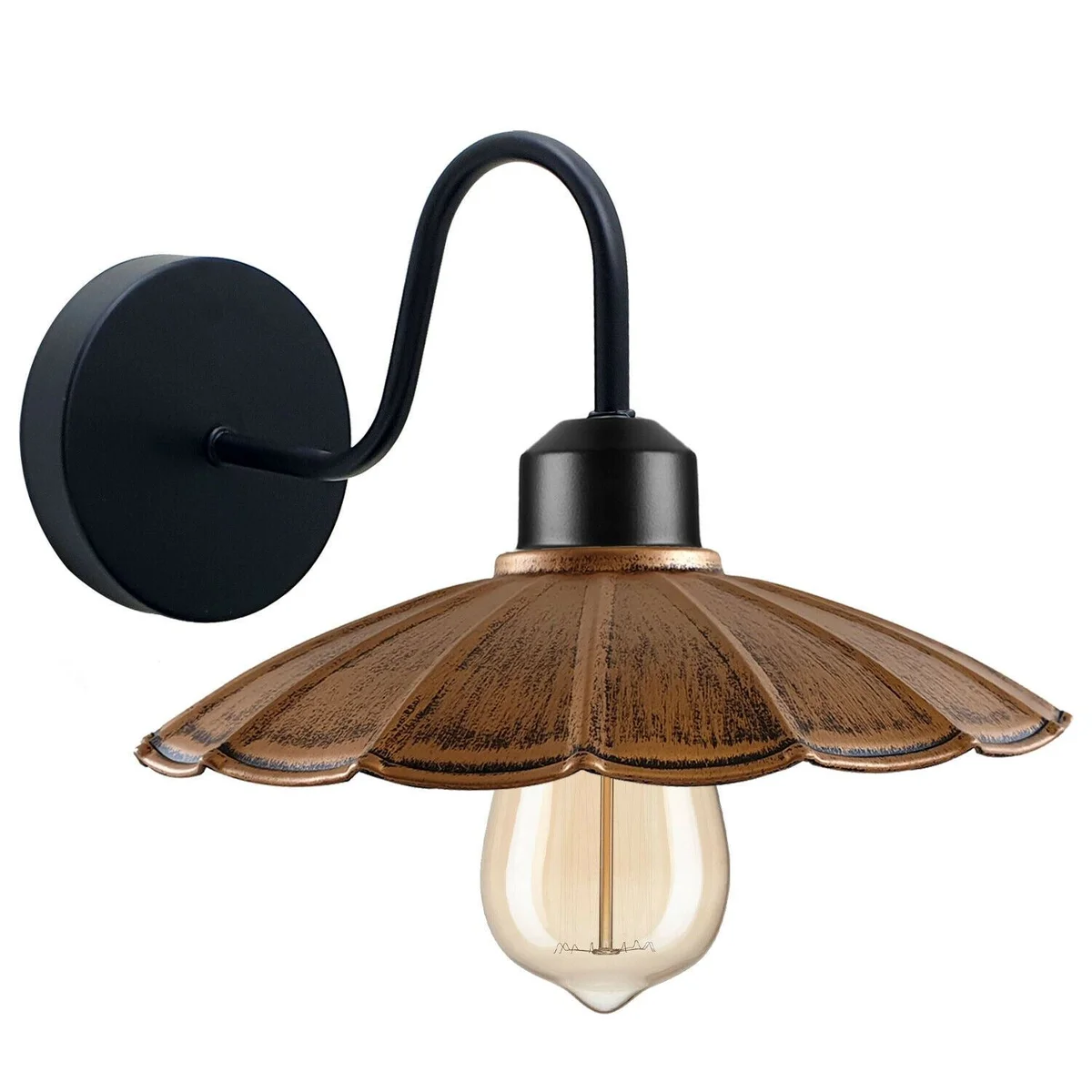 Rustic wall light with metal umbrella shade, black finish, 22cm diameter, suitable for living room