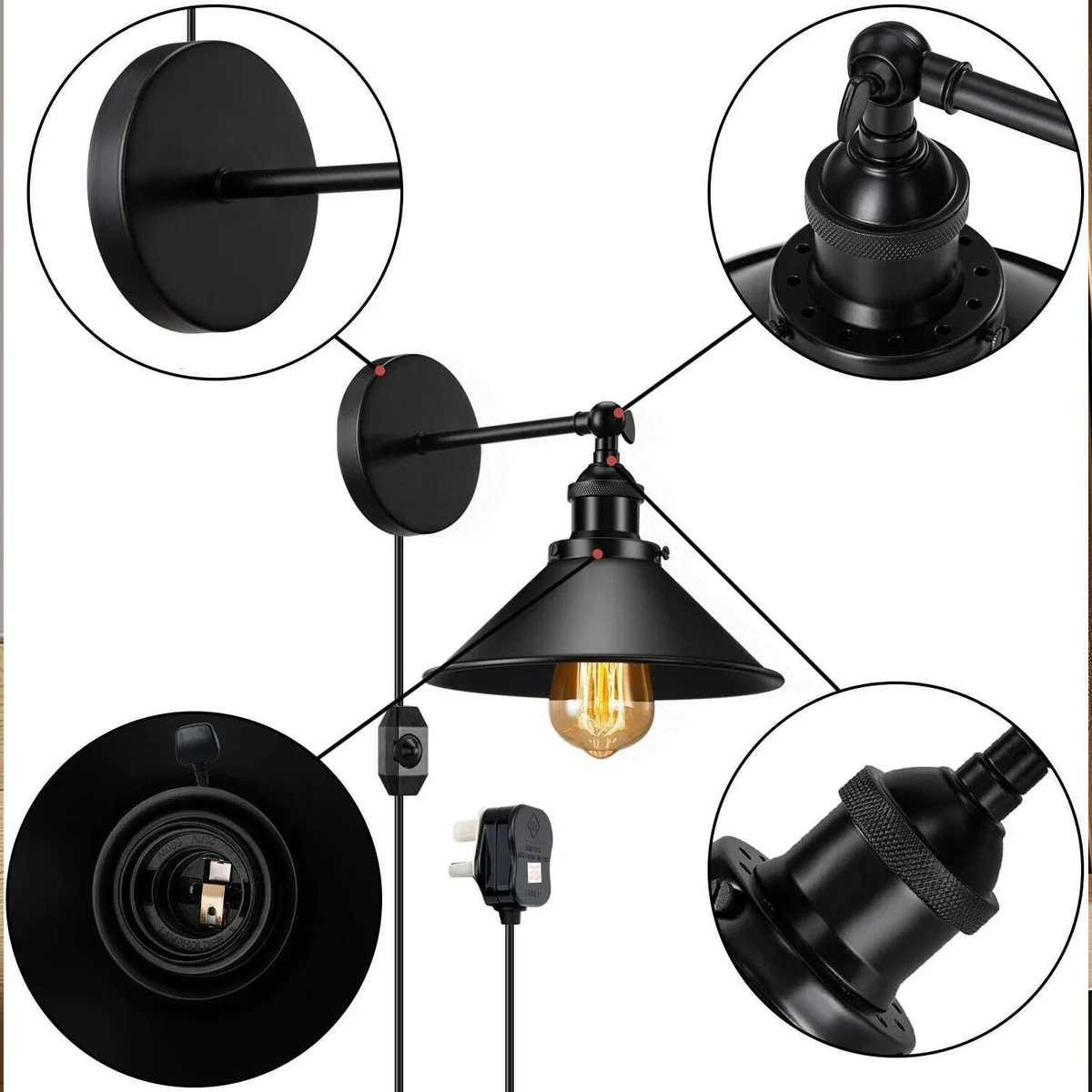 Black metal wall shade, 22 cm diameter, 10 cm height, PVC plug, dimmable plug‑in light.