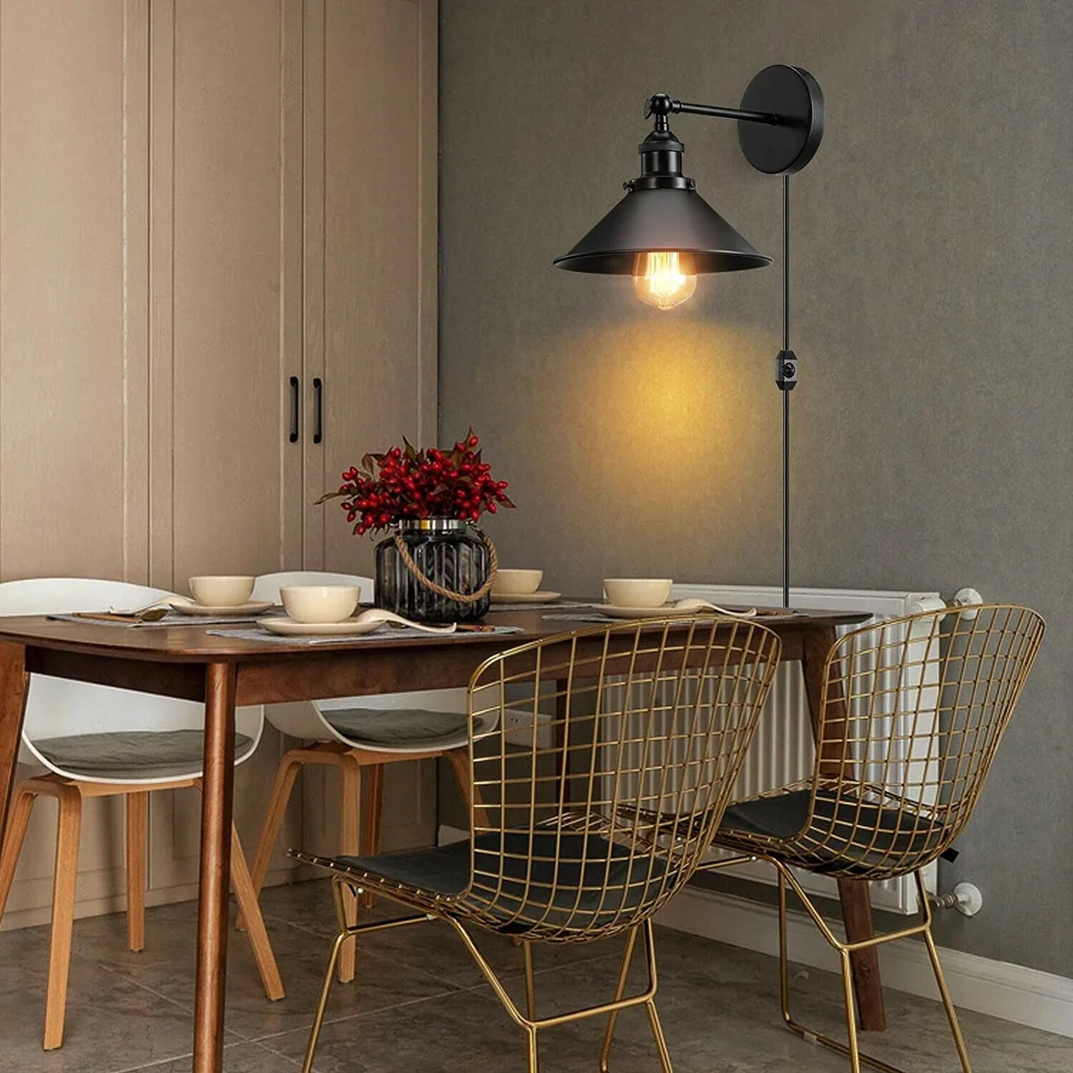 Black metal wall light with cone shade, E27 holder and 2m PVC plug‑in wire