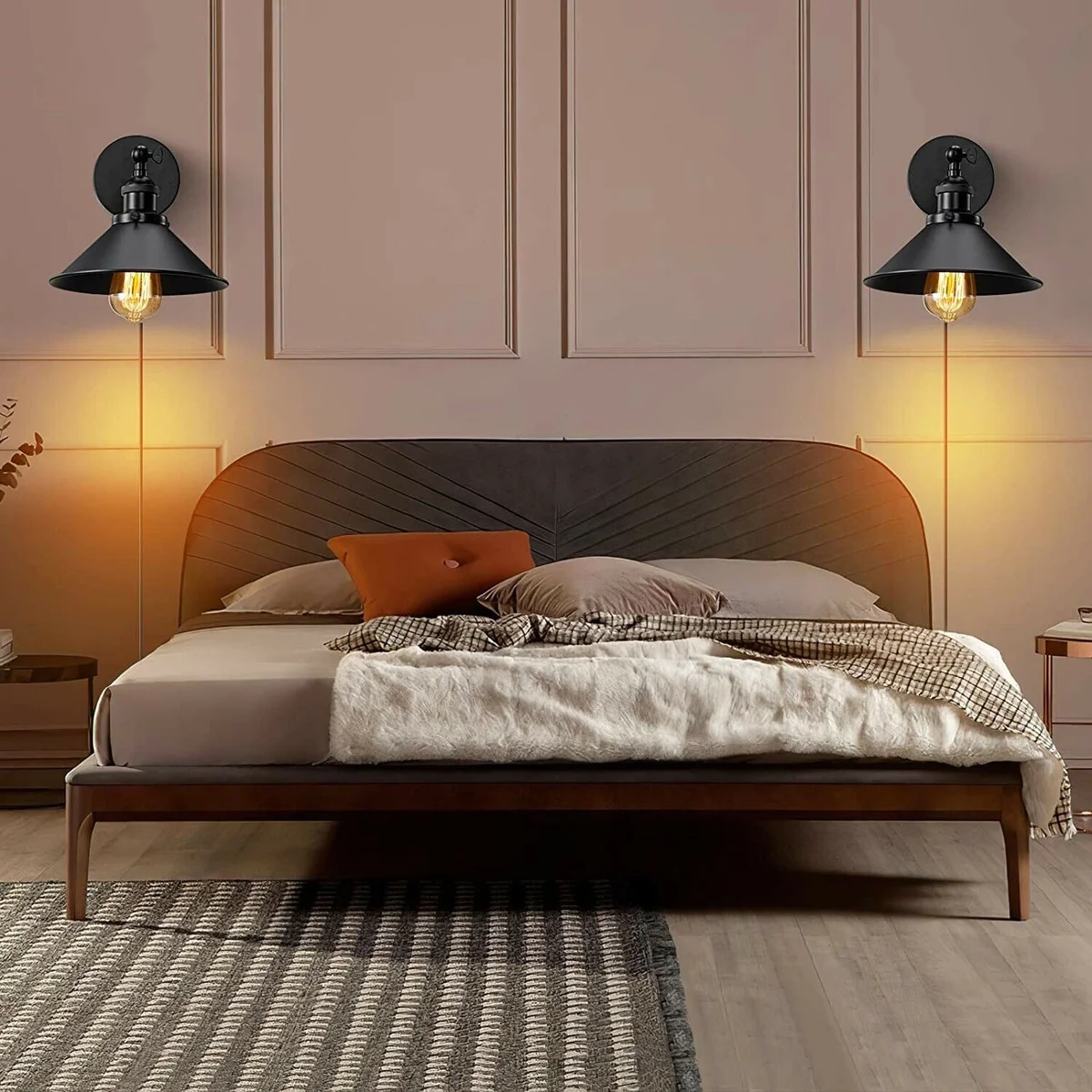 Black metal wall light cone shade with E27 holder and PVC cable, black metal cone design
