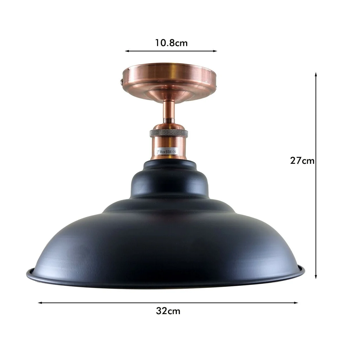 Vintage black metal ceiling light with slim rectangular shade, 10.8 cm x 4 cm, E27 socket exposed.