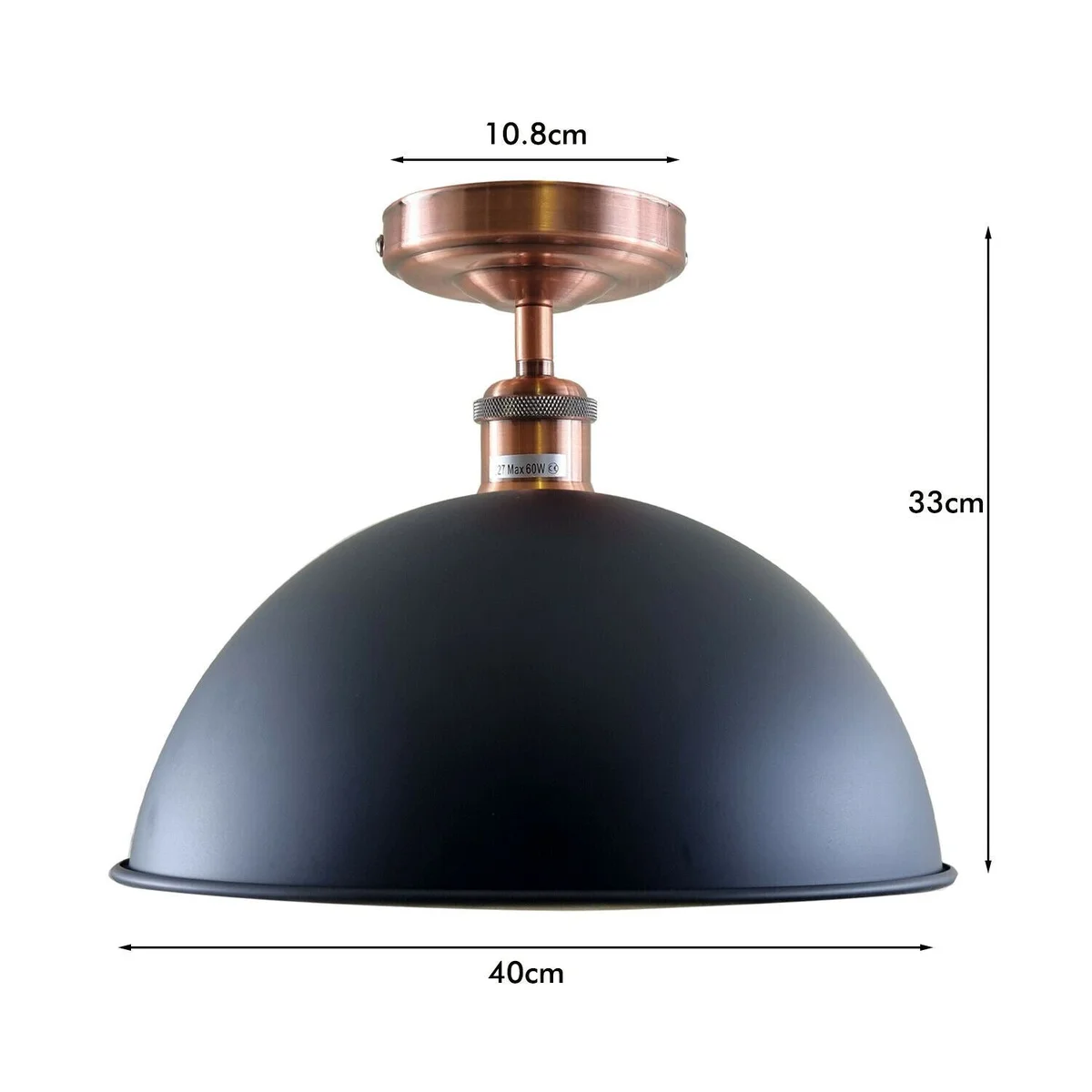 Vintage black metal indoor ceiling fixture with E27 base, open shade, 10.8cm by 4cm metal housing, clear shade