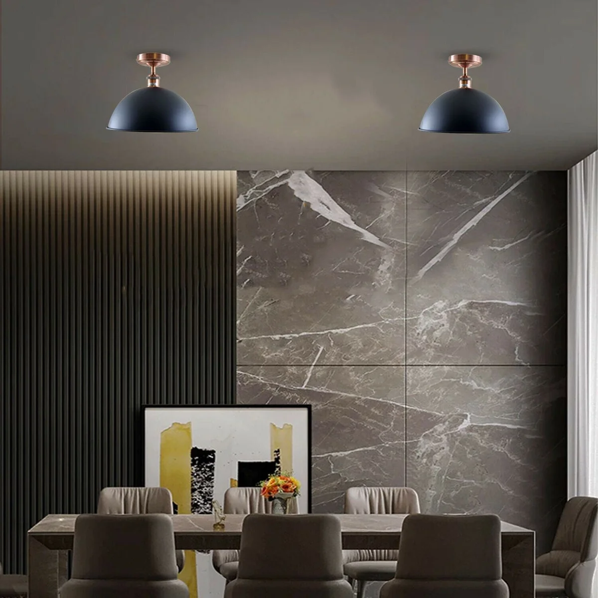 Black metal ceiling lamp with E27 base and shade, showcasing sleek coffee bar lighting design, mounted on a metal plate