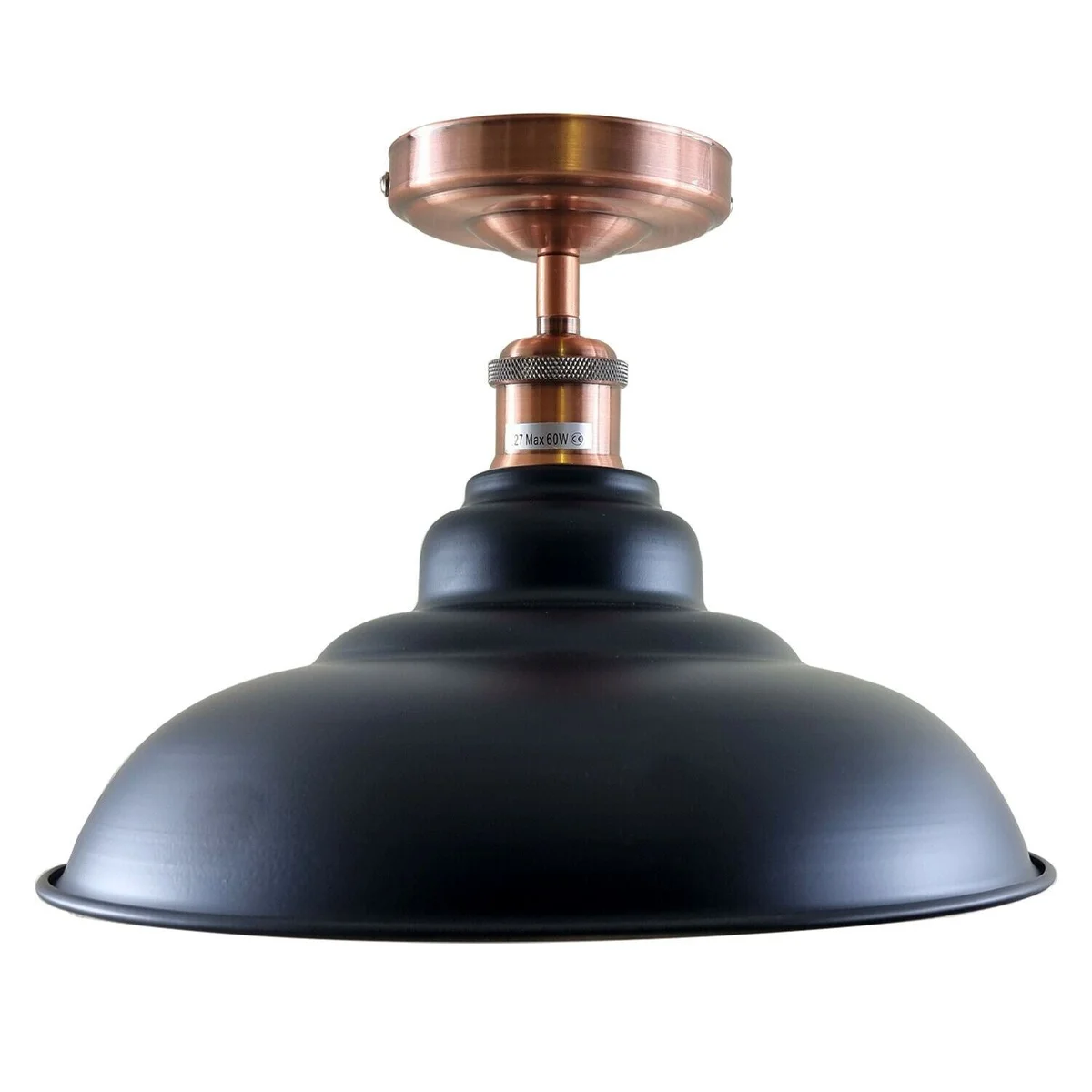 Black metal ceiling light with rectangular shade and E27 holder, mounted as an indoor fixture for coffee bar décor.