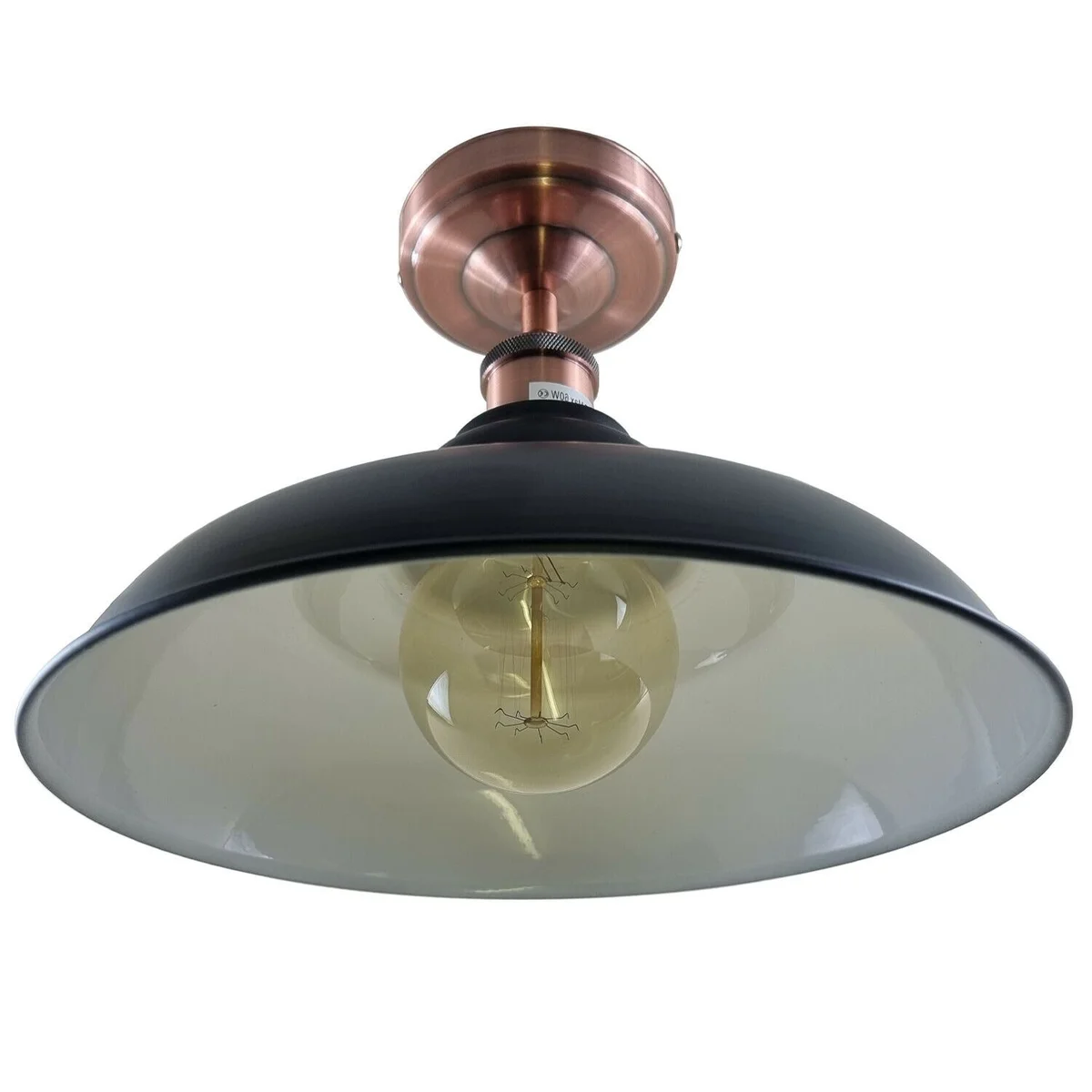 Black metal ceiling light with E27 holder, thin rectangular metal plate (10.8cm x 4cm) and matching shade, ready to install.