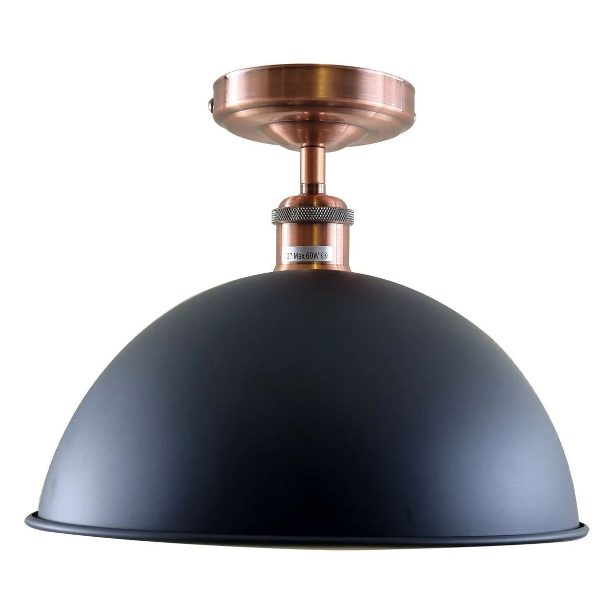 Black metal ceiling light with a metal frame, shade, and optional bulb socket, displayed on a ceiling base.