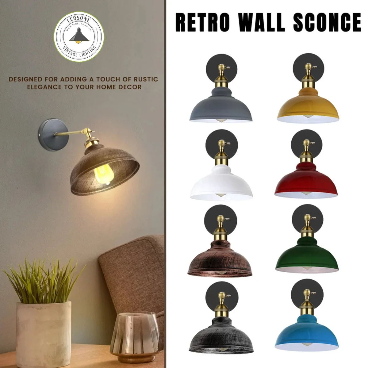 Vintage industrial wall light with curvy dome metal shade and adjustable arm, showing socket holder and ceiling rose