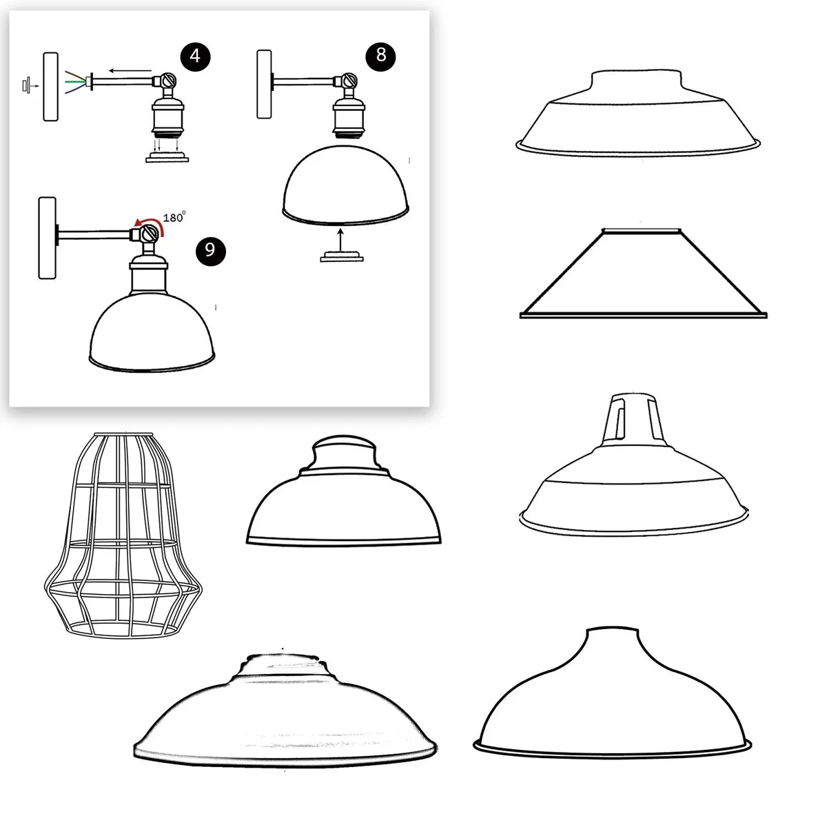 Vintage industrial metal wall sconce with curvy dome shade and 180° adjustable arm, white finish