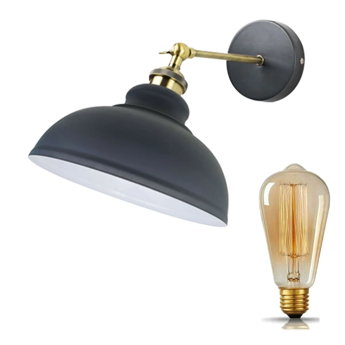 Vintage industrial E27 bulb wall light with curvy dome shade, 180° adjustable metal arm, white finish.