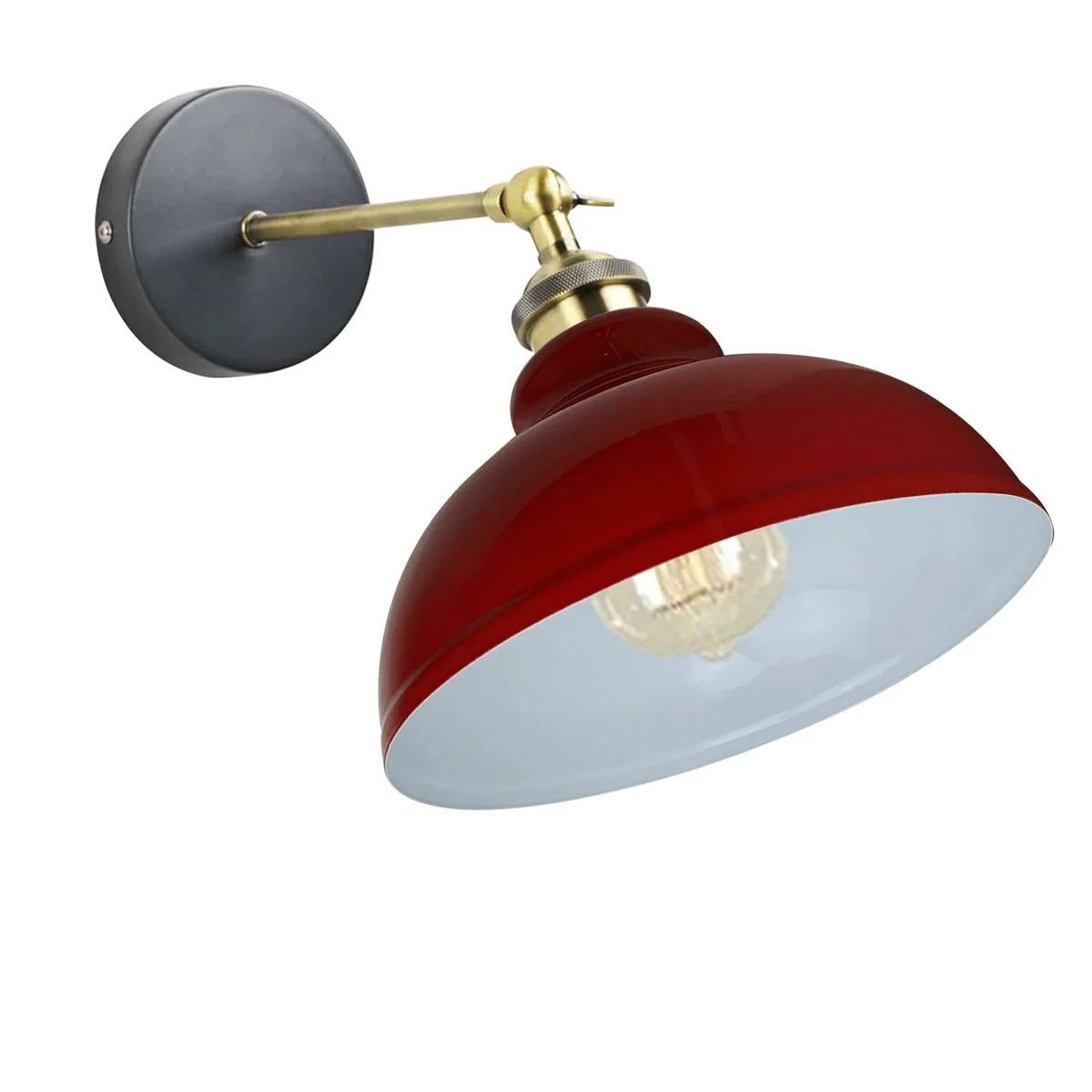 Vintage industrial wall light with curvy dome metal shade and adjustable arm, white finish.