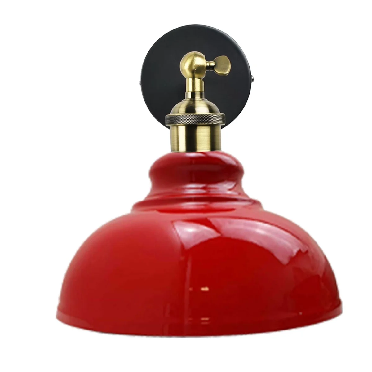 Vintage industrial wall light with curvy metal dome shade, 180° adjustable arm, stylish hard‑wired fixture on white wall.