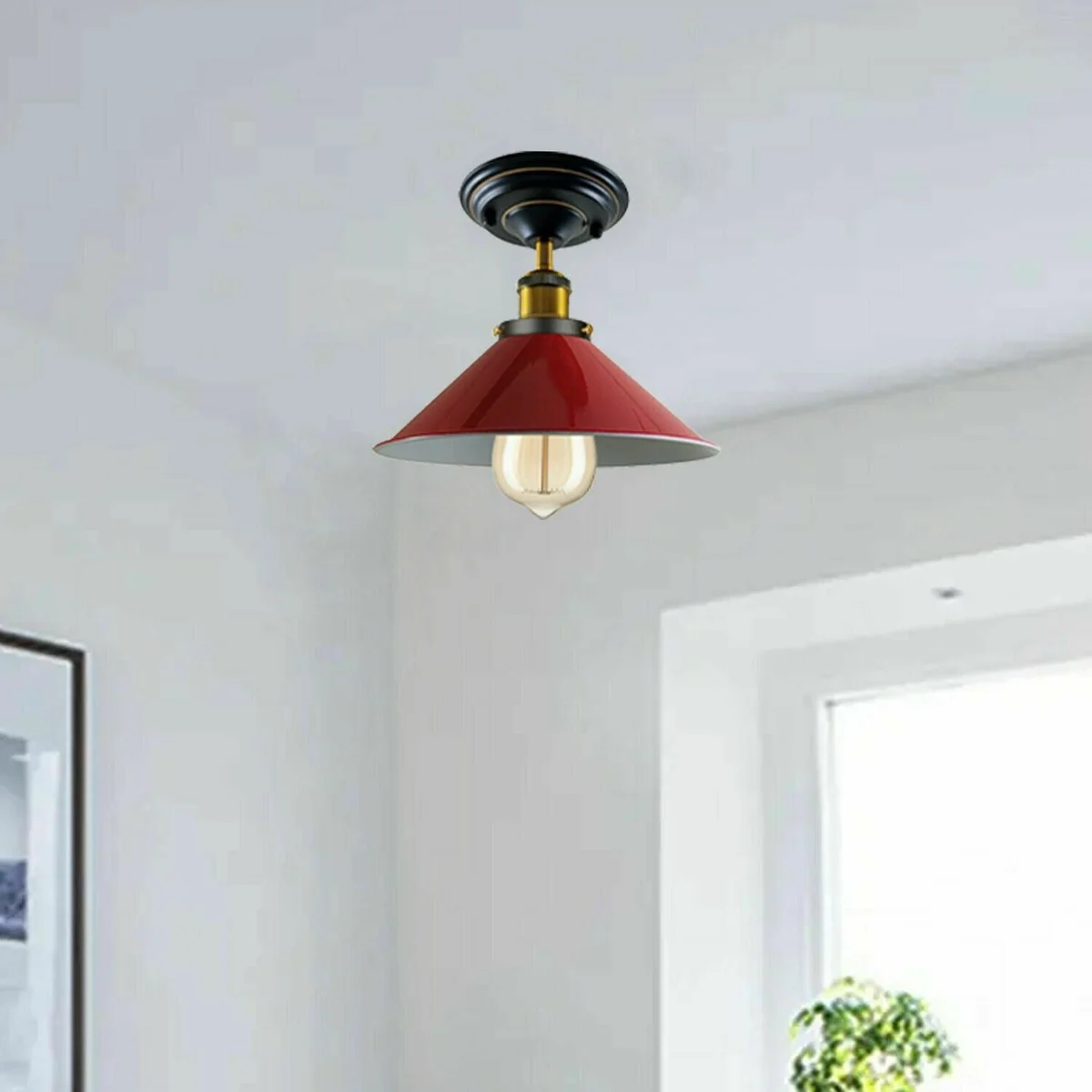 Blue metal E27 ceiling light with a 4 cm hole shade, 14 cm tall, includes base and holder, available in blue, green, white, yellow, orange, red.