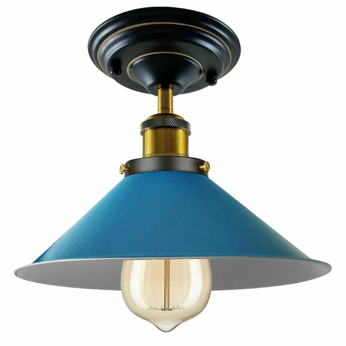 Coloured ceiling light with 14 cm by 4 cm metal shade and E27 lamp base, available in blue, green, white, yellow, orange, red